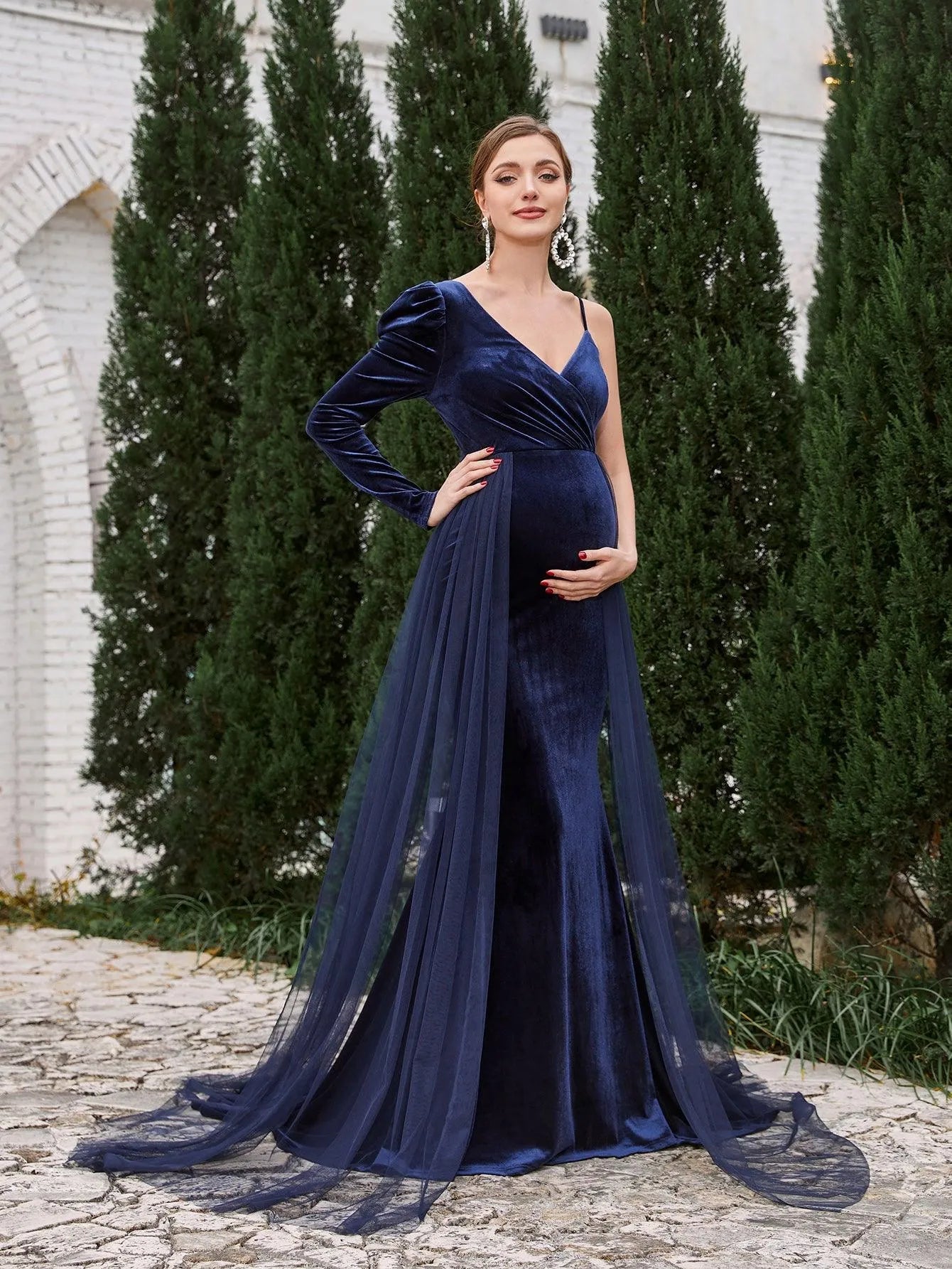 Maternity Asymmetrical Neck Mermaid Hem Velvet Dress Navy blue / XXL