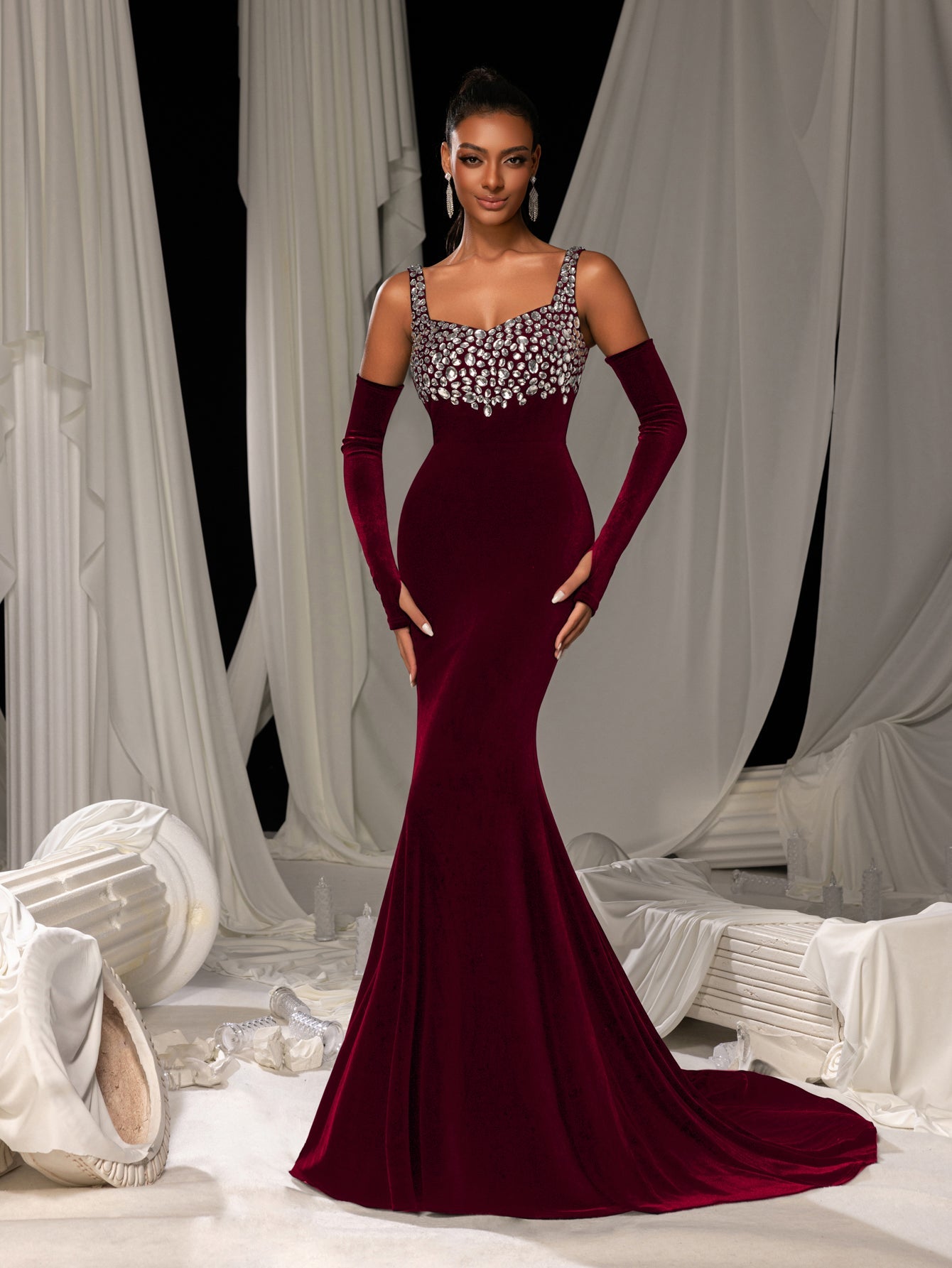 Vintage Velvet Mermaid Gown with Sweetheart Neckline, Sparkling Embellishments