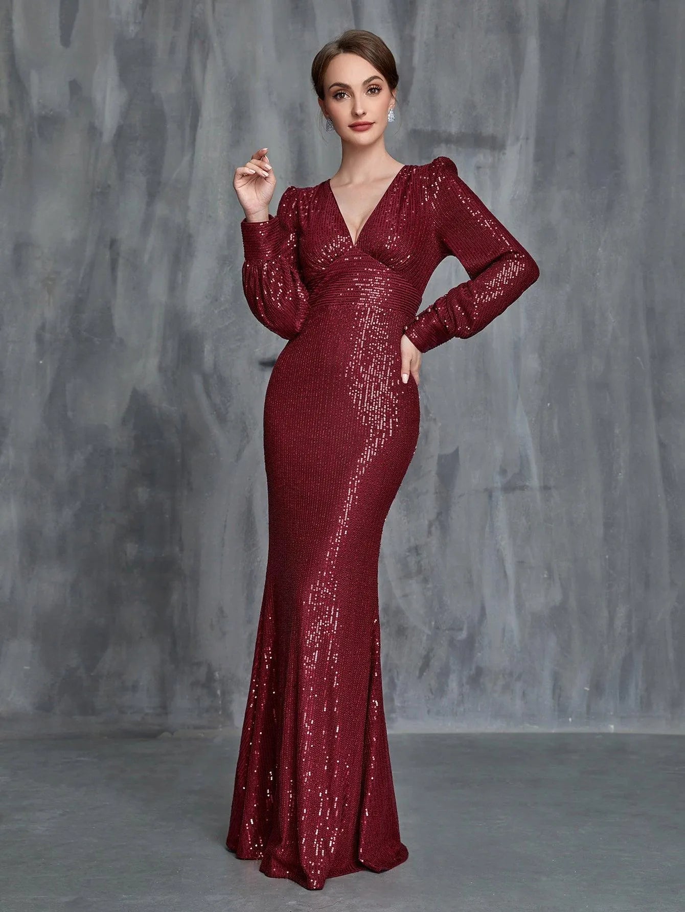 Womens' Plunging Neck Mermaid Hem Sequin Formal Dress Burgundy / S Womens' Plunging Neck Mermaid Hem Sequin Formal Dress Burgundy / S