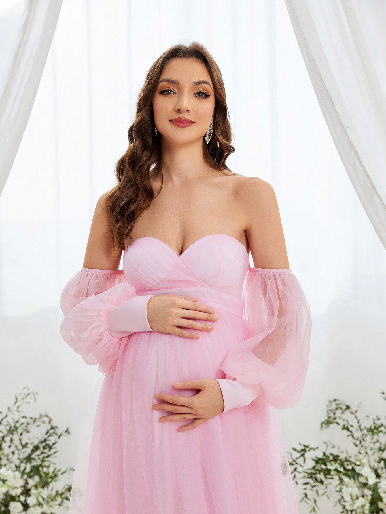Maternity Off-Shoulder Evening Gown with Puff Sleeves – Flowy Tulle Dress for Pregnancy Photoshoots & Baby Showers