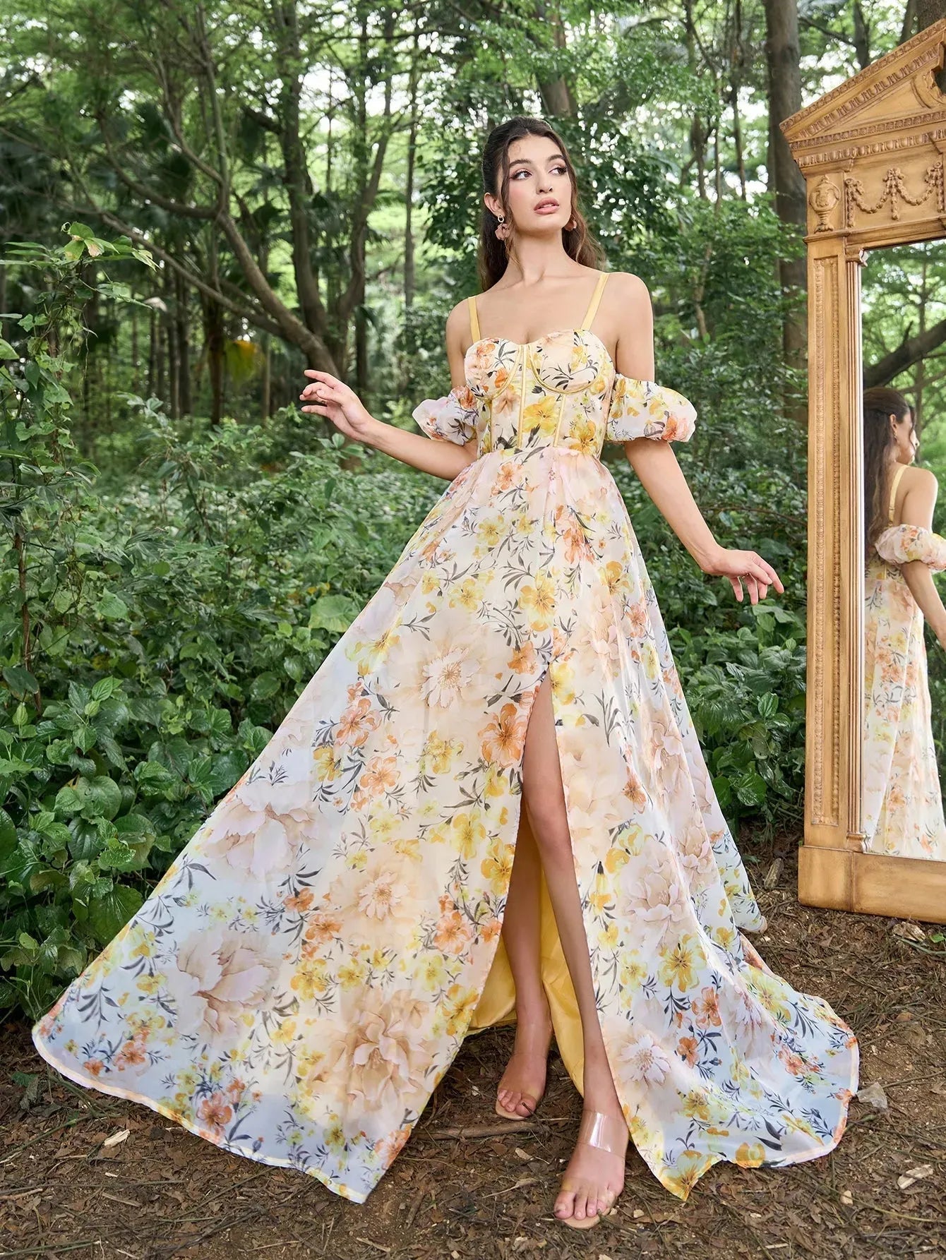 Elegant Off Shoulder Puff Sleeves Floral Printed Organza Slip Prom Dr Yellow / XL Elegant Off Shoulder Puff Sleeves Floral Printed Organza Slip Prom Dr Yellow / XL