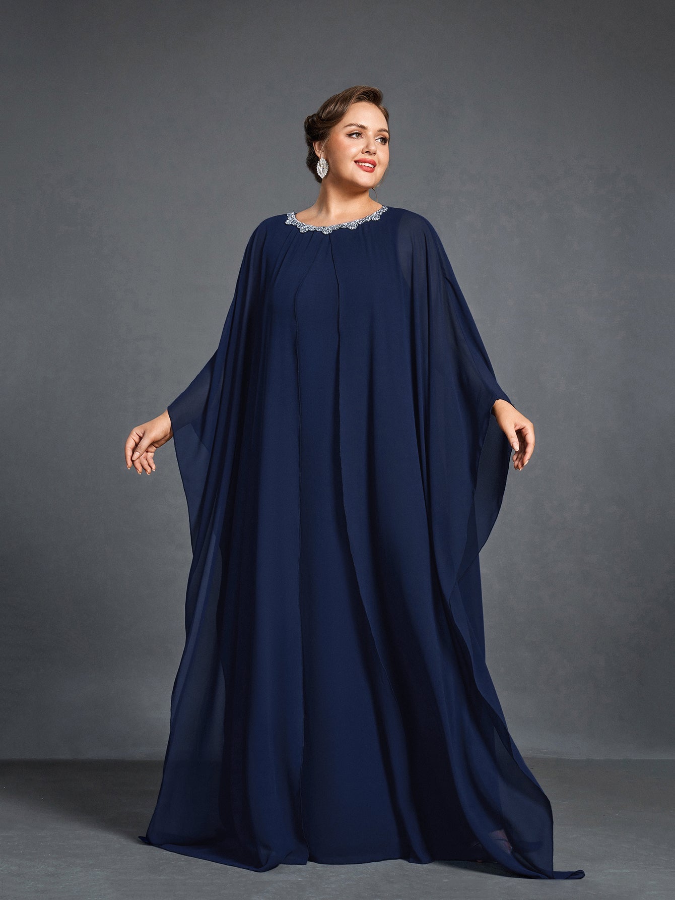 Plus Womens' Embellished Round -Neck Formal Dress with Sheer Chiffon Cape Sleeves