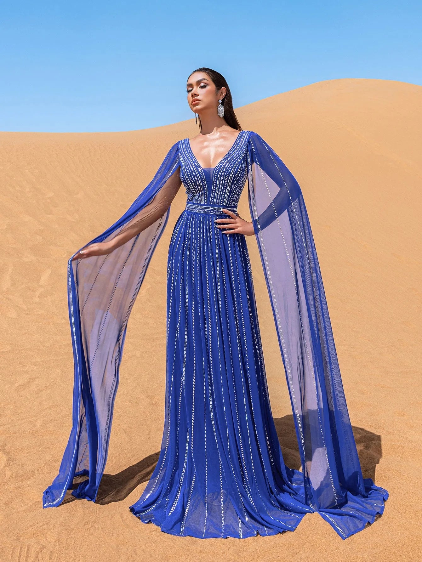 Luxury Gorgeous Rhinestone Detail Plunging Neck Cape Sleeves Formal Prom Dress Champagne / S Luxury Gorgeous Rhinestone Detail Plunging Neck Cape Sleeves Formal Prom Dress Champagne / S