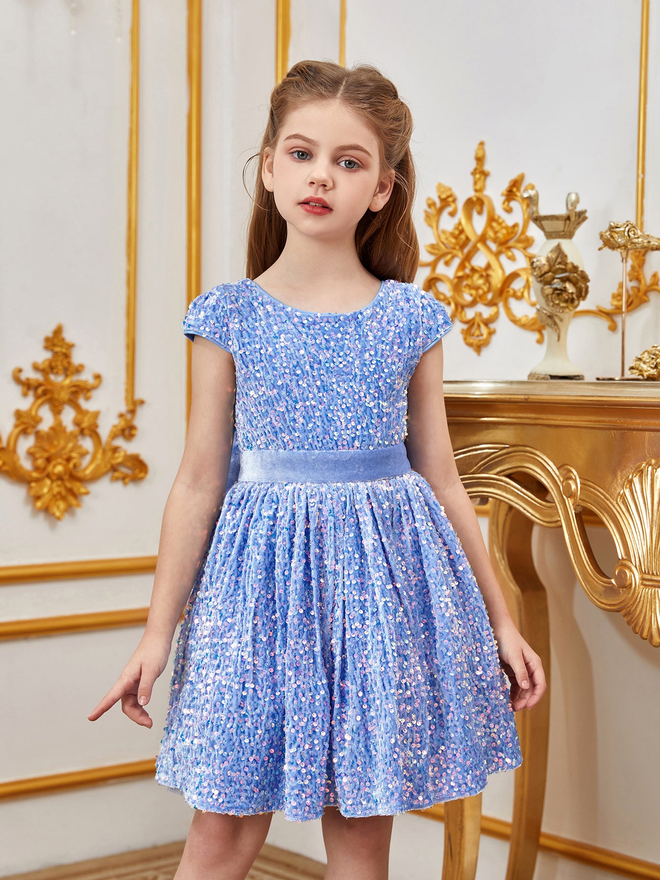 bow blue sequinned line dress Pink Spaghetti Straps A Line Sequined Lace Long Prom Dresses With Bow Pink / 2