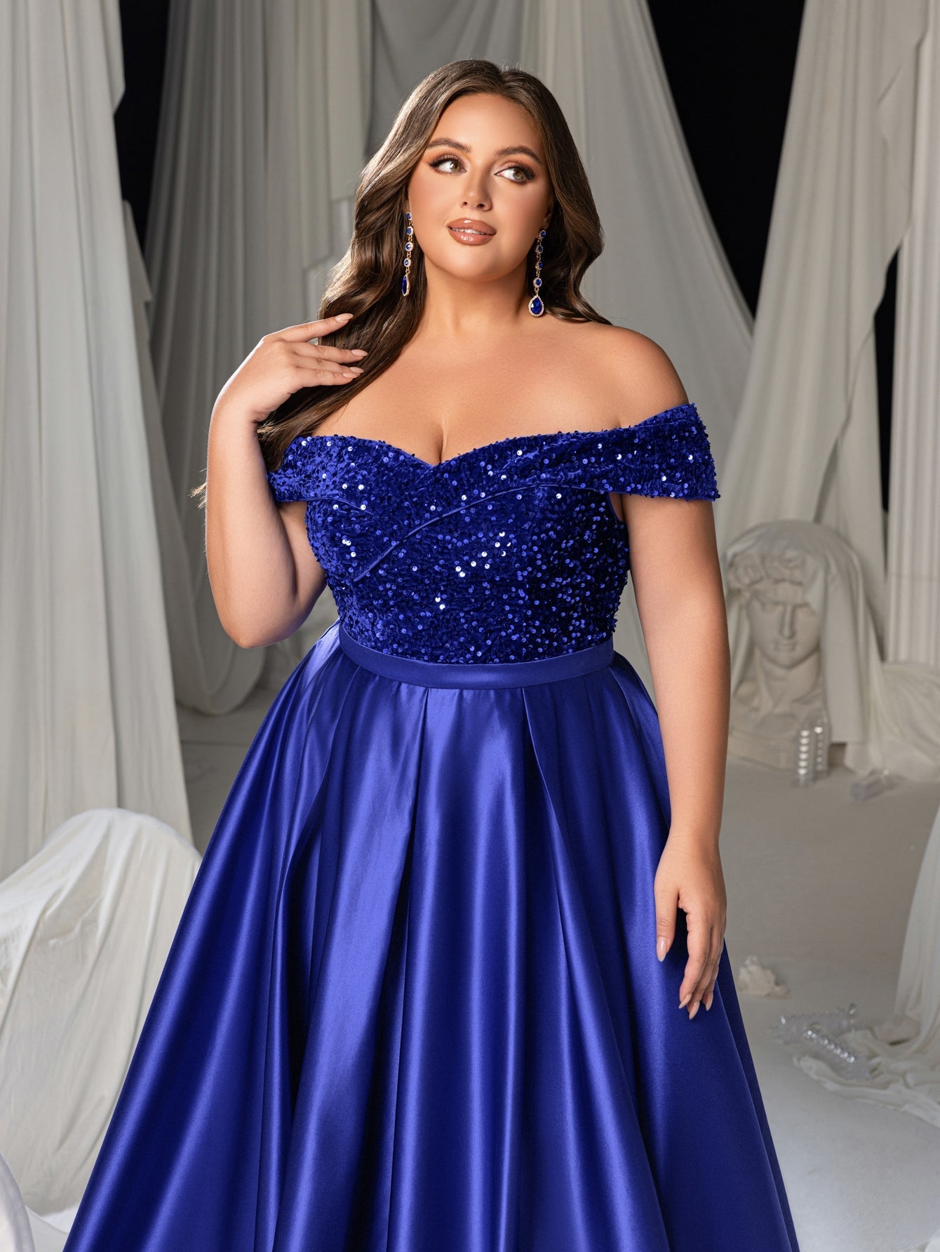 Plus Size Off-Shoulder Sequin Evening Gown - Formal Dress with Voluminous Satin Skirt