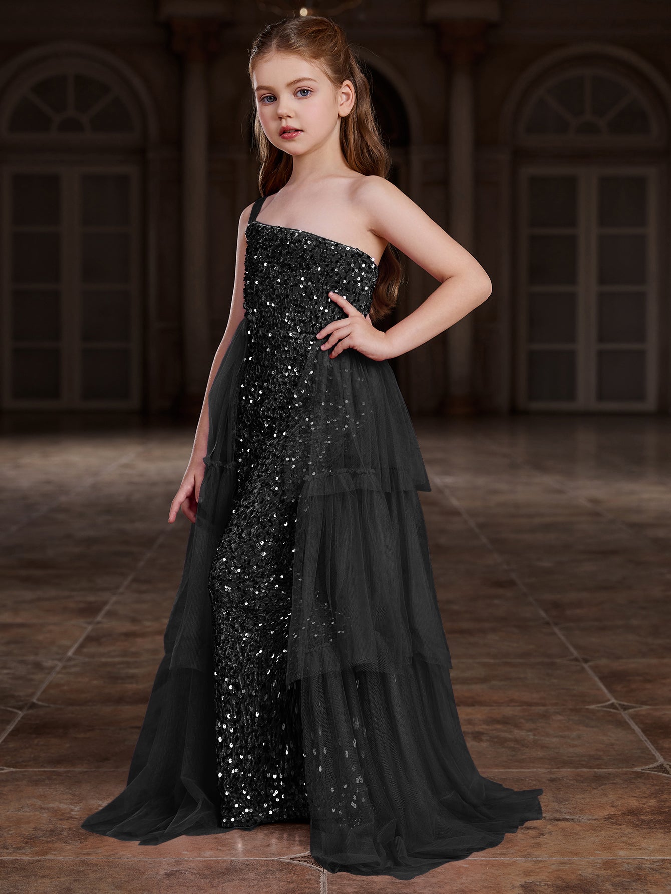 sleeveless sequin dress Tween Girls' One Shoulder Sleeveless Contrast Mesh Sequin Dress Black / 8Y