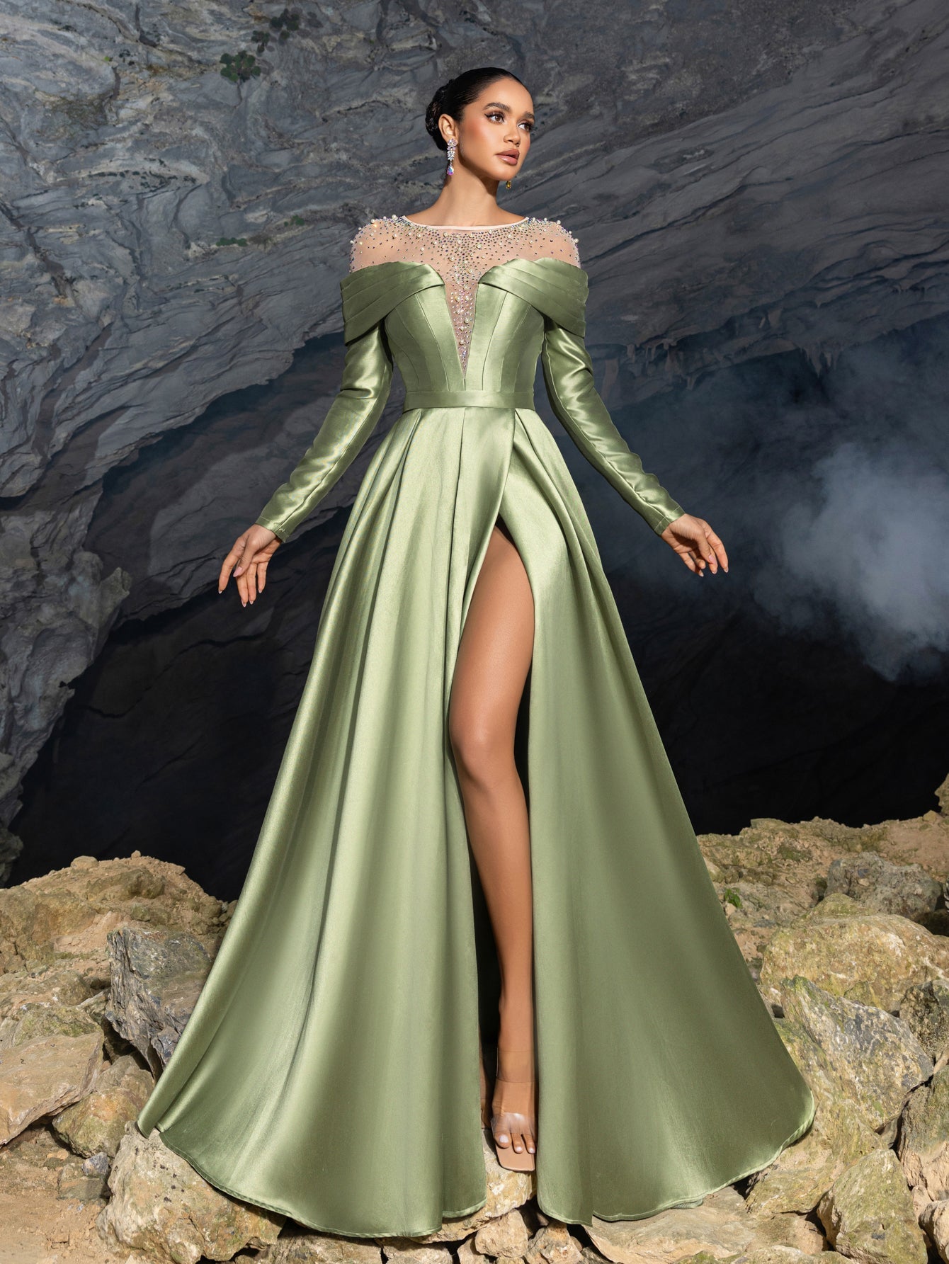 Luxury Beaded Evening Gown with Off-Shoulder Mesh Insert, High Slit Satin Dress for Red Carpet & Gala Events