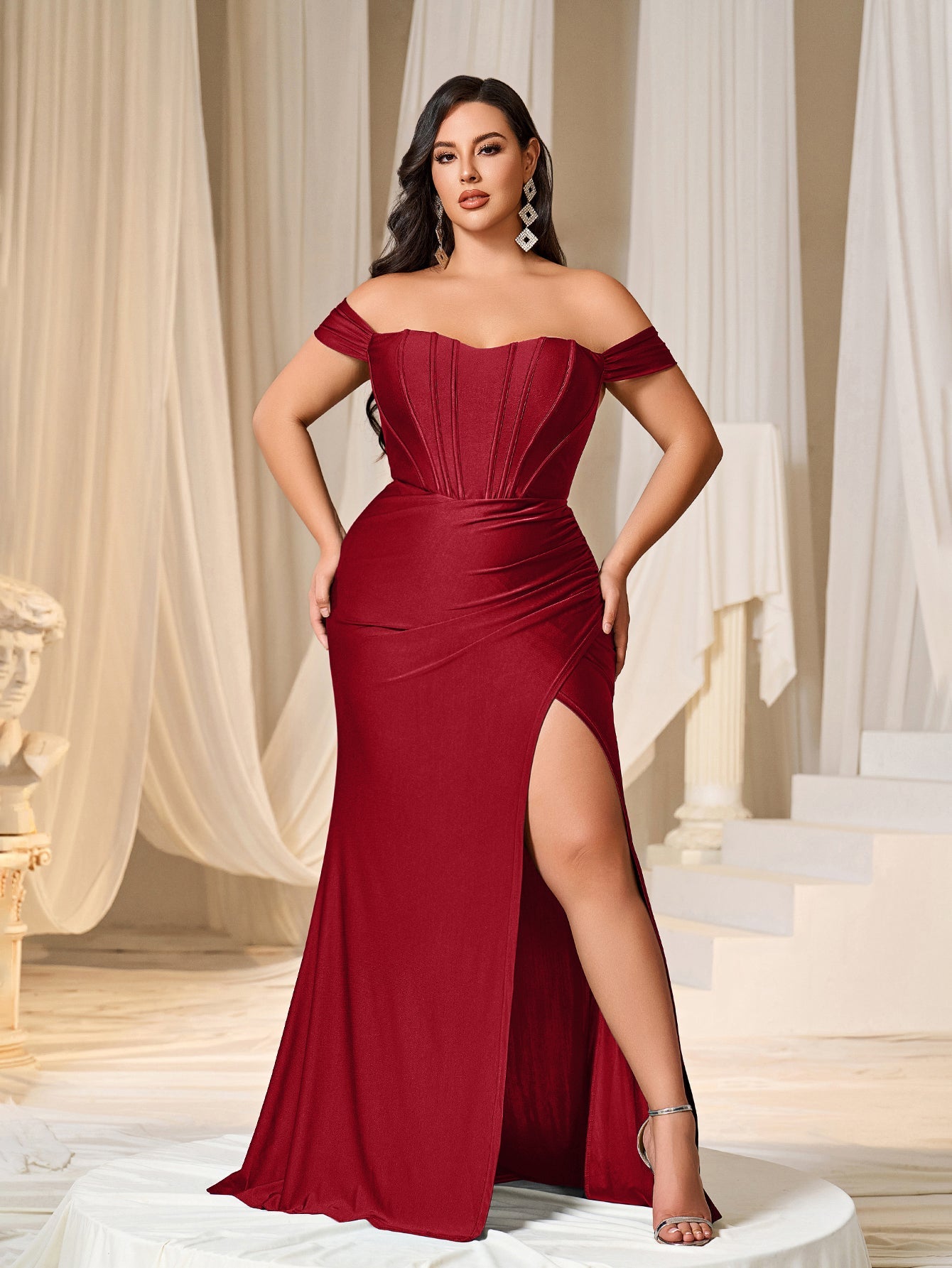 wrap off the shoulder dress Women's Plum Slinky Off Shoulder Wrap Detail Maxi Dress