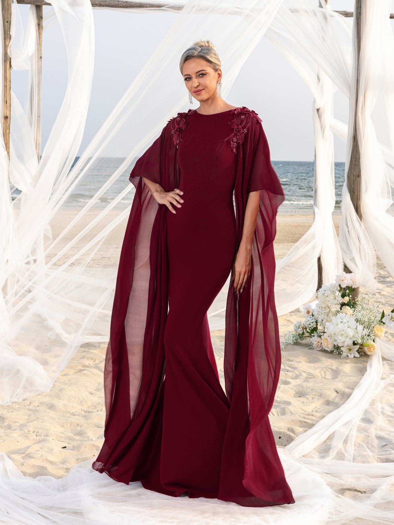 Womens' Mermaid Silhouette Formal Dress with Flared Chiffon Sleeves & Floral Appliqué Detailing