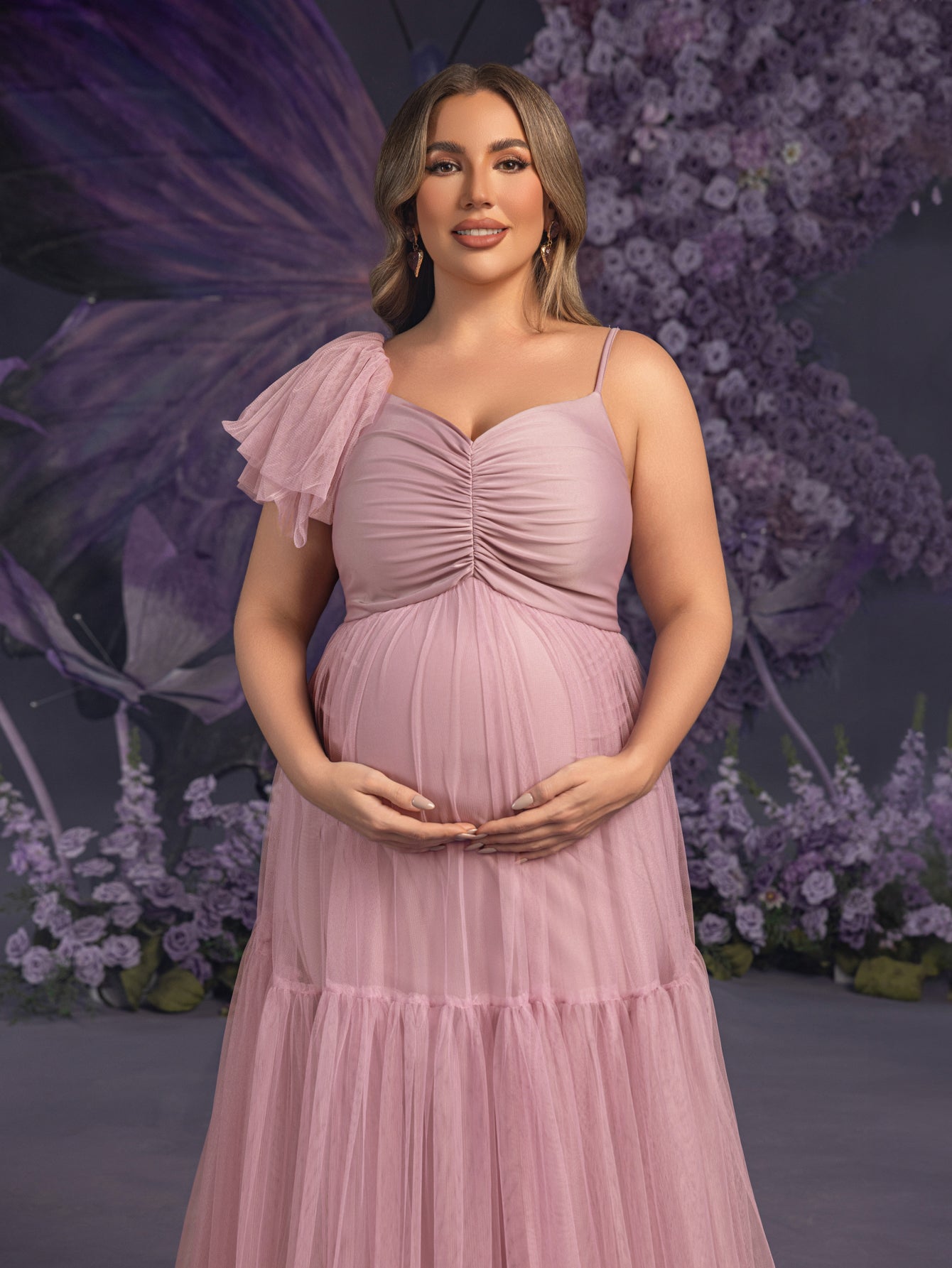 Plus Maternity Ruched Bust Layered Hem Mesh Ruffle Cami Dress