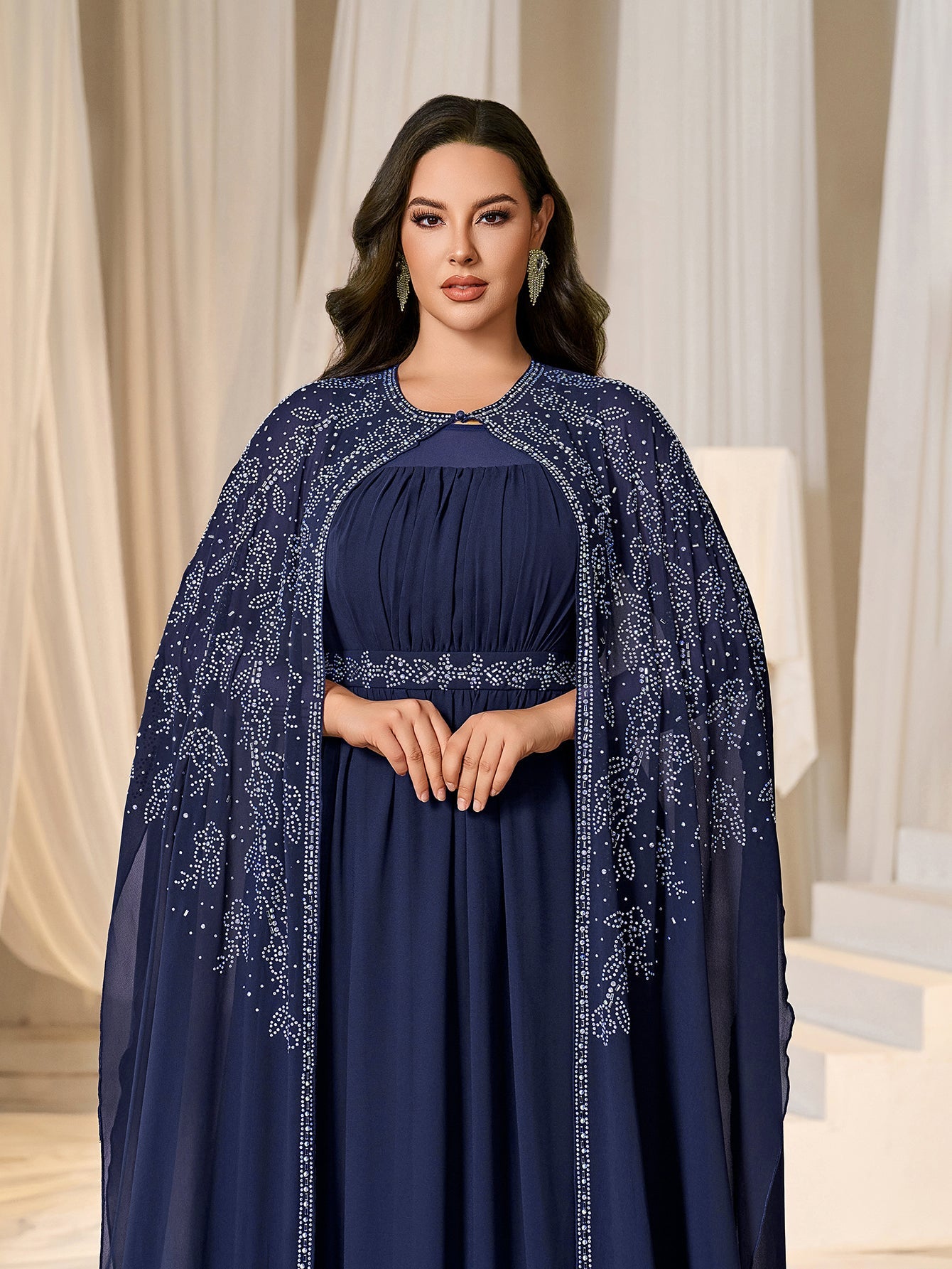 Rhinestone Cape Sleeves & A-Line Skirt with Cathedral Train