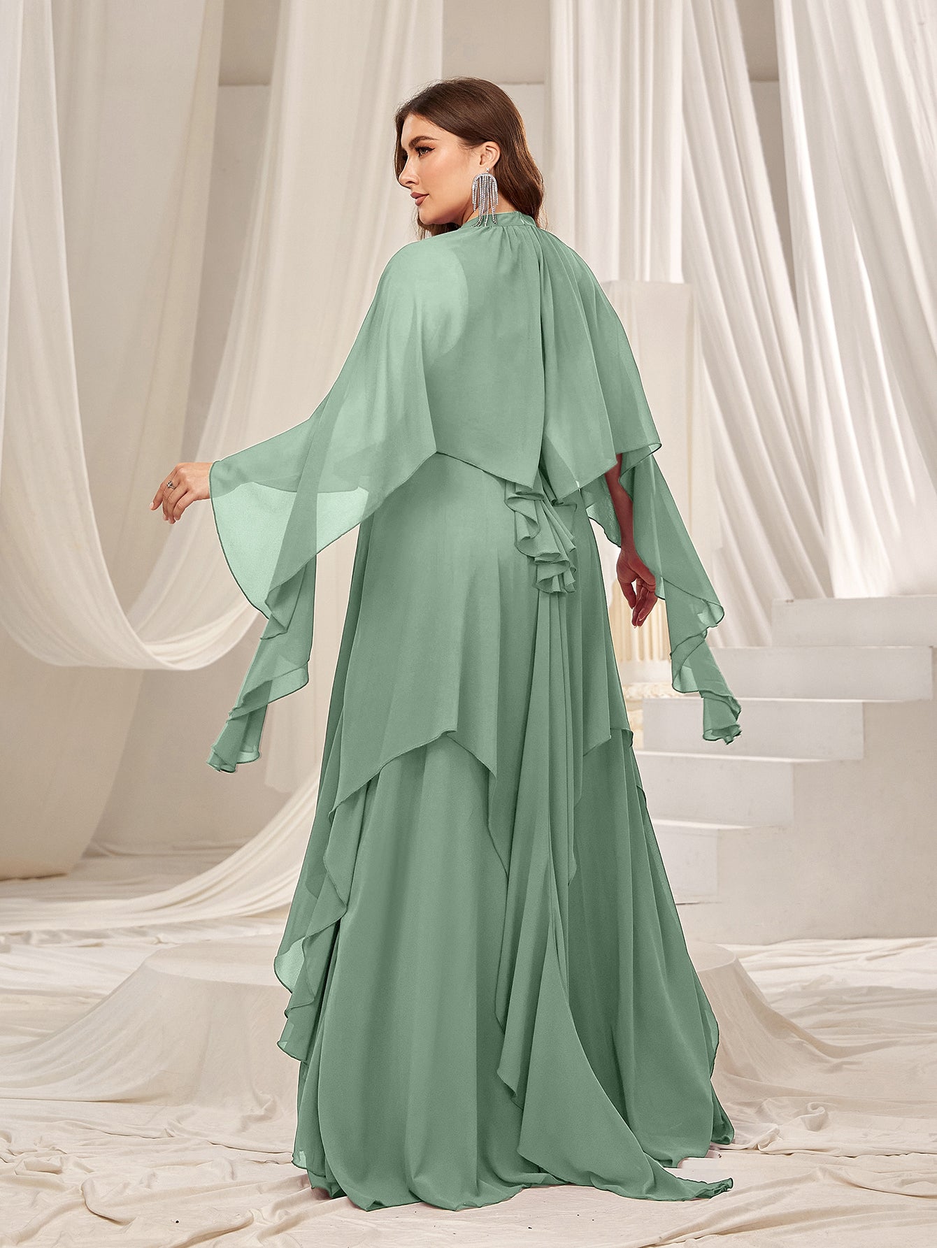 Plus Mock Neck Layered Hem Chiffon Dress