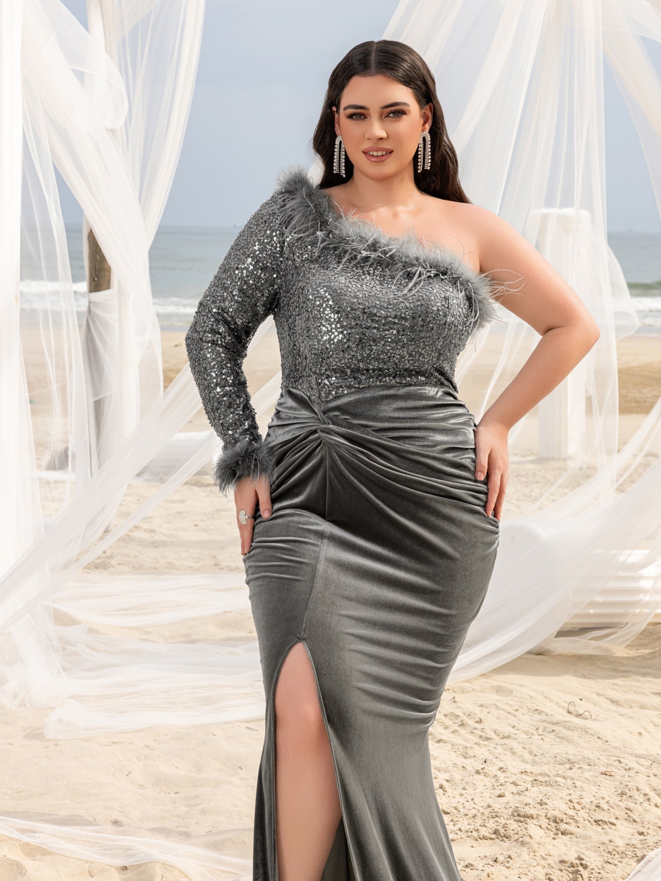 Plus Elegant One-Shoulder Thigh Slit Sequin & Velvet Mermaid Dress with Feather Accents