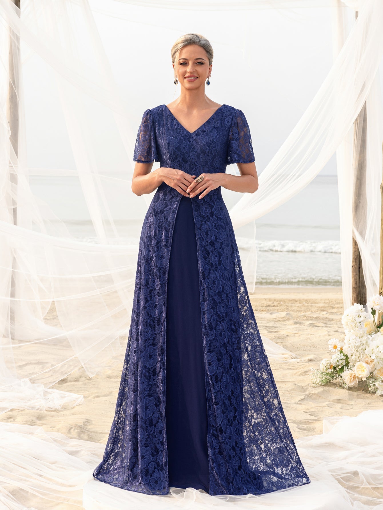 Womens' Elegant Lace Floor-Length Gown with V-Neck & Ruffle Sleeves – Elegant Floral Accents, Deep V-Back Design for Beach Weddings & Formal Evening Events
