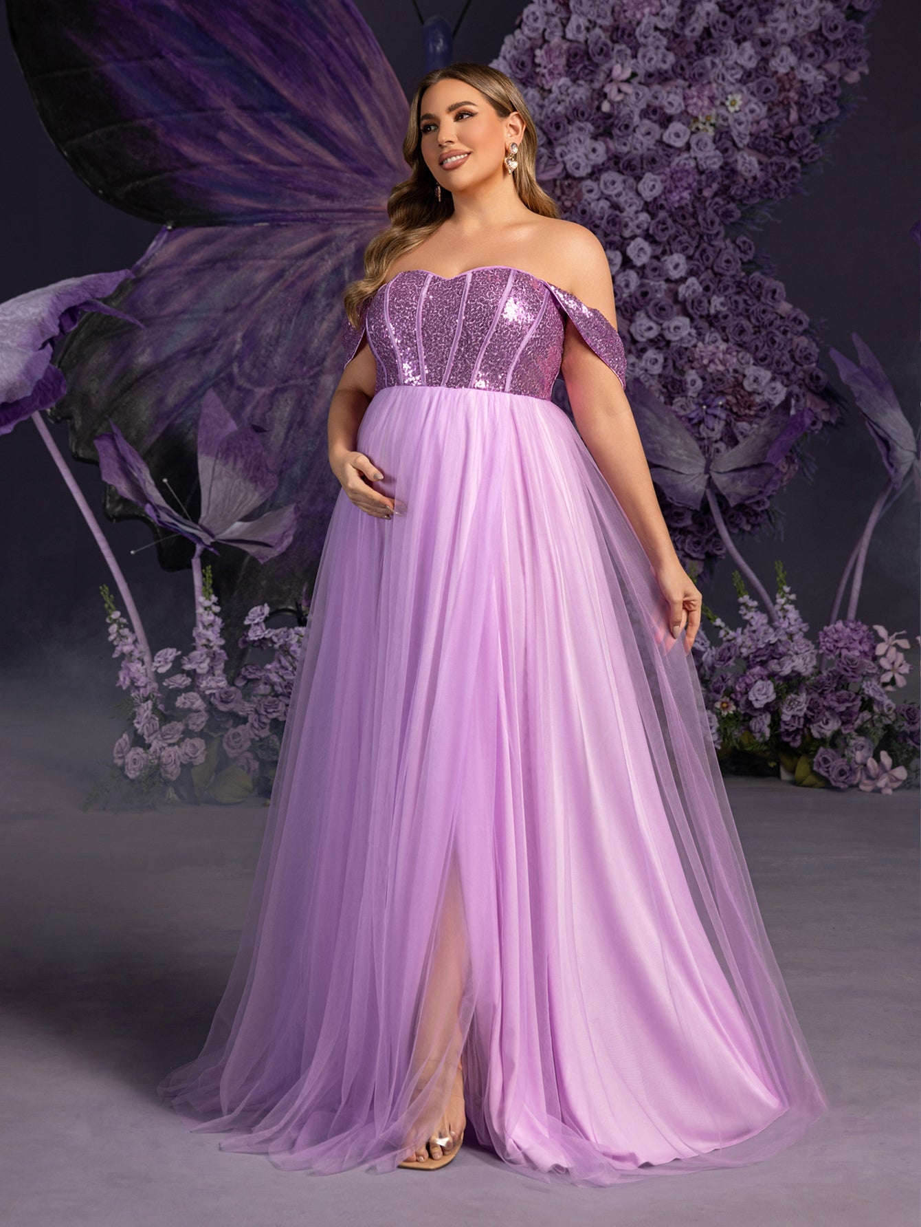 Plus Maternity  Off Shoulder Sequin Bodice Contrast Tulle Evening Dress