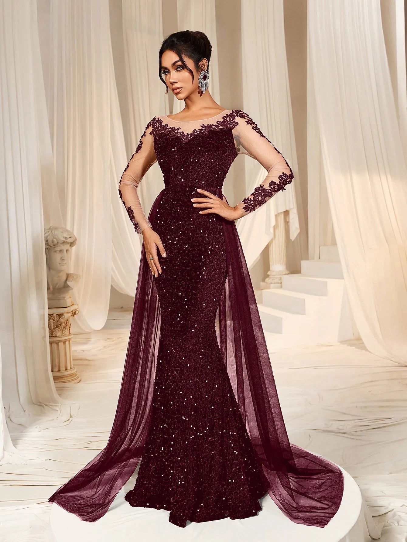 Elegant Sheer Sleeves Mesh Train Sequin Evening Dress Royal Blue / S Elegant Sheer Sleeves Mesh Train Sequin Evening Dress Royal Blue / S