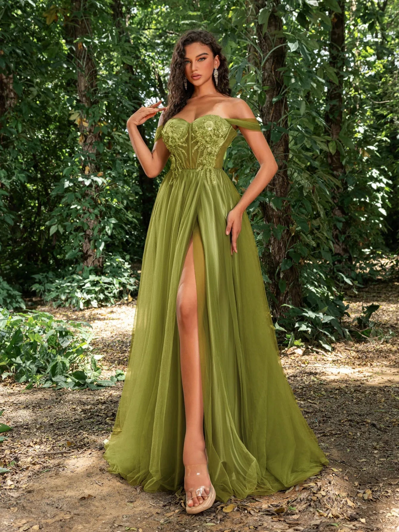 Gorgeous Floral Applique Detail Off Shoulder Split Tulle Formal Prom Green / S Gorgeous Floral Applique Detail Off Shoulder Split Tulle Formal Prom Green / S