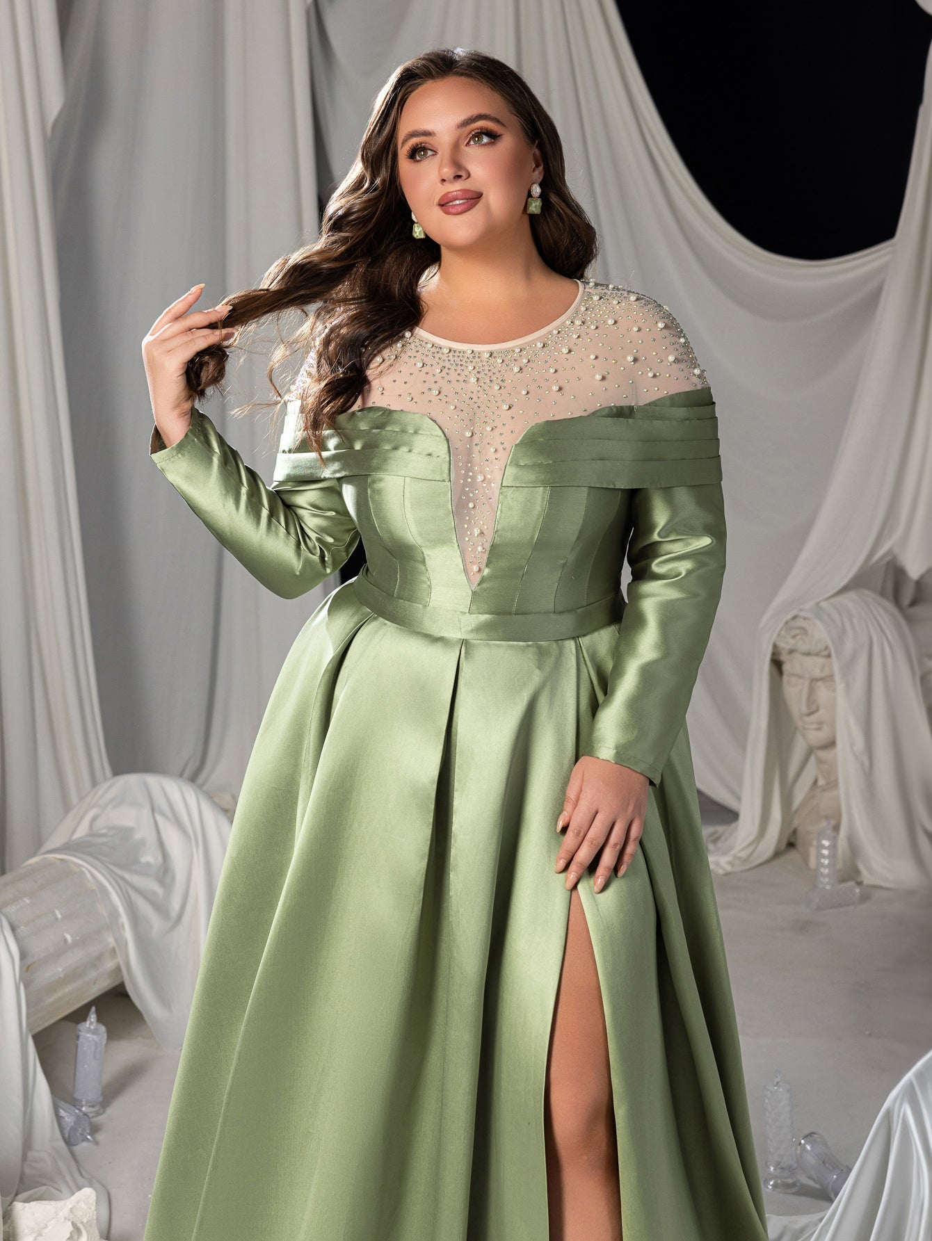 Plus Luxury Beaded Evening Gown with Off-Shoulder Mesh Insert, High Slit Satin Dress for Red Carpet & Gala Events