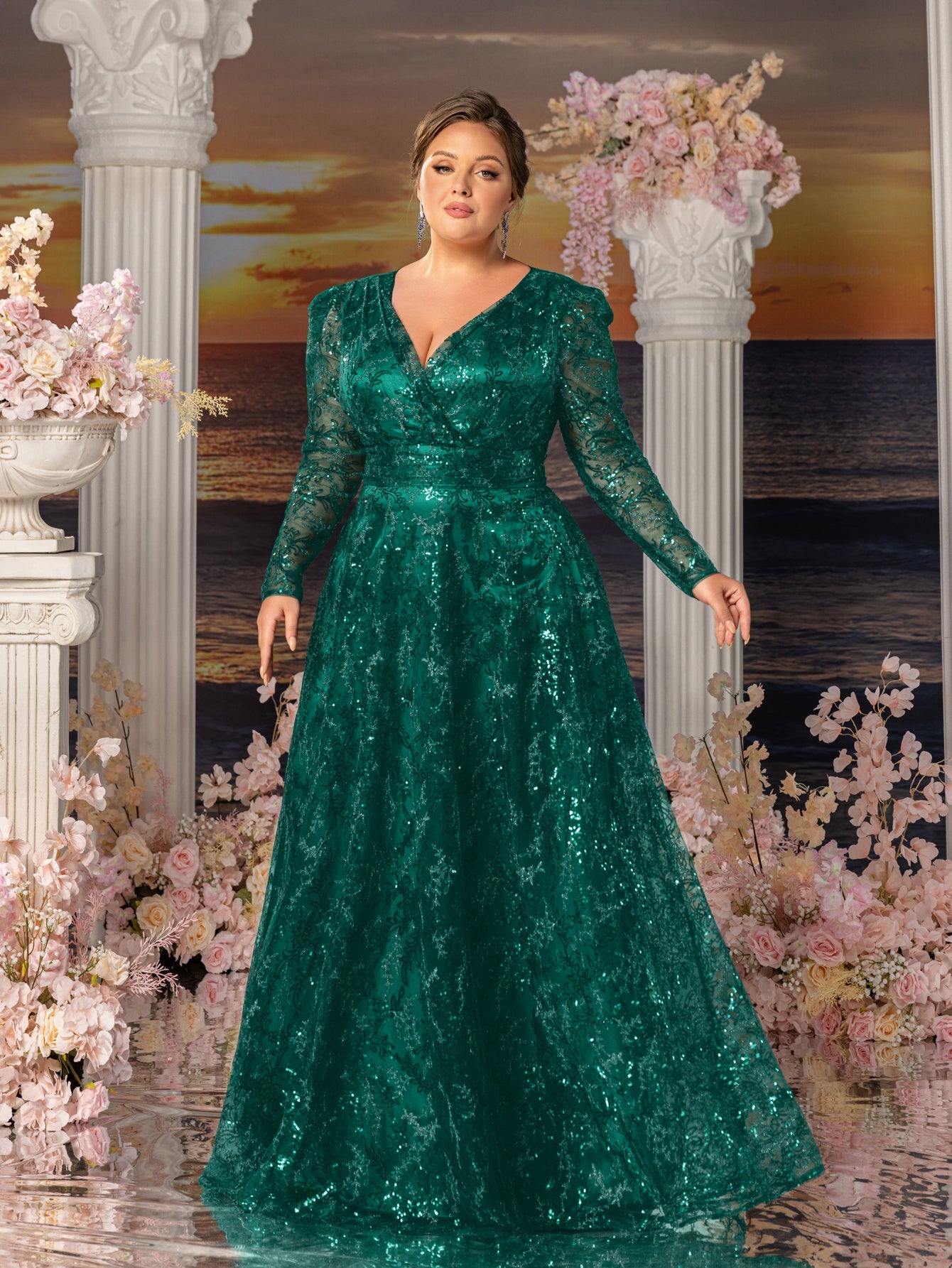 Plus Womens' Elegant Lace & Sequin Evening Gown - V-Neck Long Sleeve Design with Cinched Waist & Flowing A-Line Skirt for Coastal Weddings, Luxury Evening Events