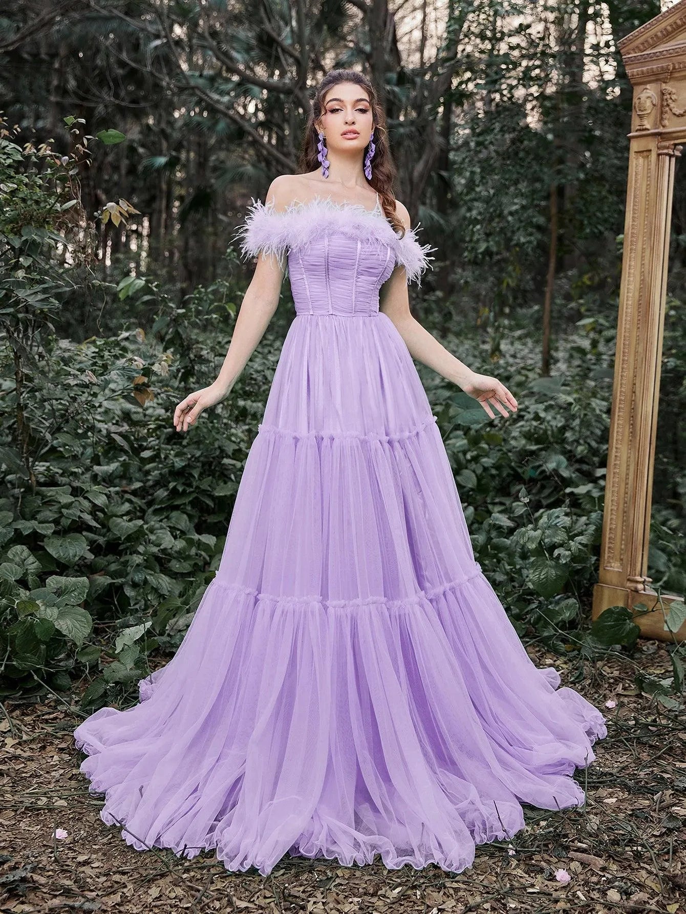 Elegant Feather Trim Off Shoulder Layered Tulle Prom Dress Mint / L Elegant Feather Trim Off Shoulder Layered Tulle Prom Dress Mint / L