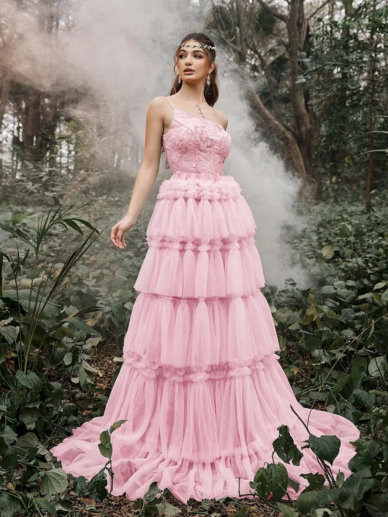 floral one shoulder prom dress Ballbella Modern One Shoulder Flowers Prom Dress With Slit Long