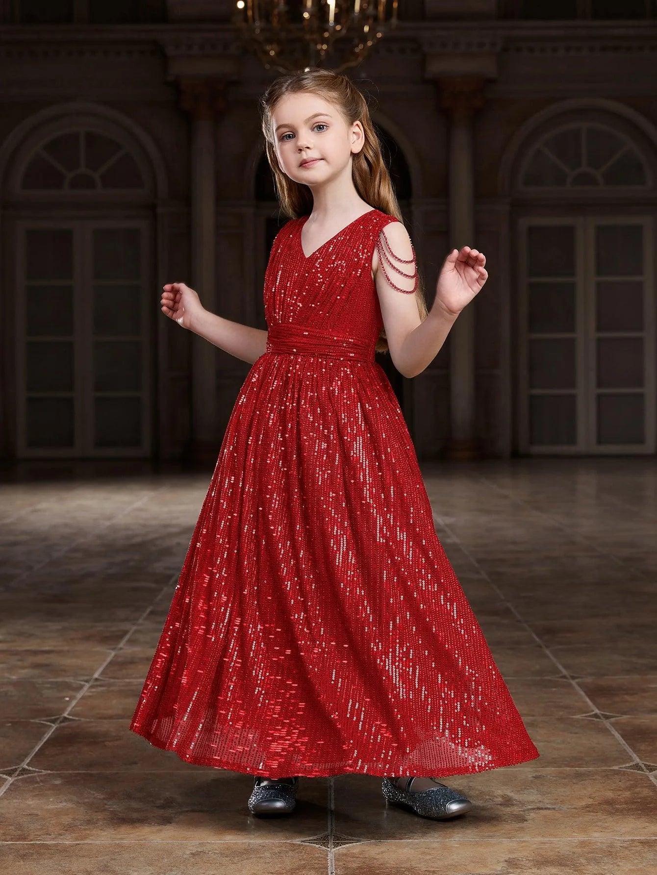 Tween Girls' V Neck Chain Detail Sequin Party Dress Dark Green / 11Y Tween Girls' V Neck Chain Detail Sequin Party Dress Dark Green / 11Y
