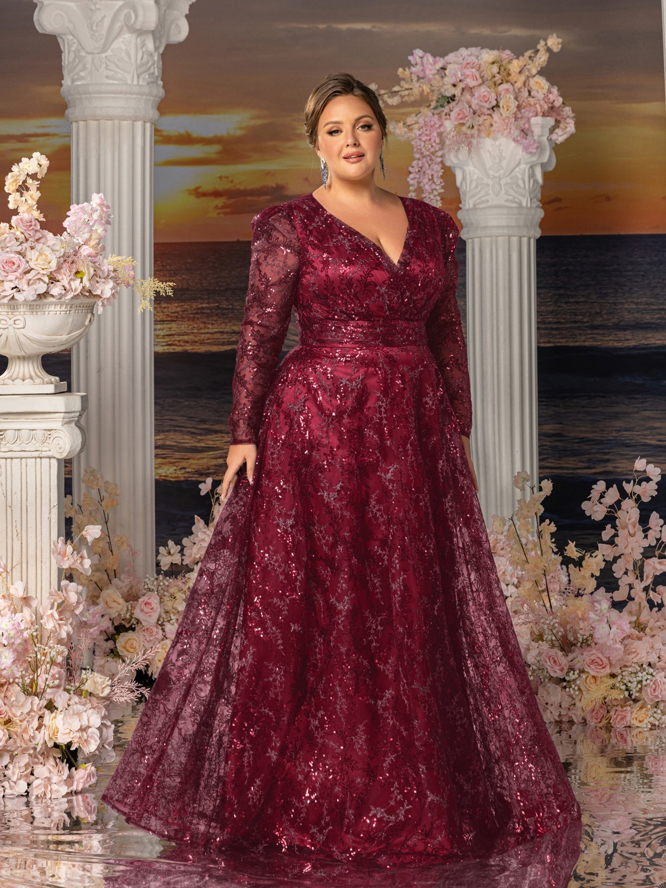 Plus Womens' Elegant Lace & Sequin Evening Gown - V-Neck Long Sleeve Design with Cinched Waist & Flowing A-Line Skirt for Coastal Weddings, Luxury Evening Events