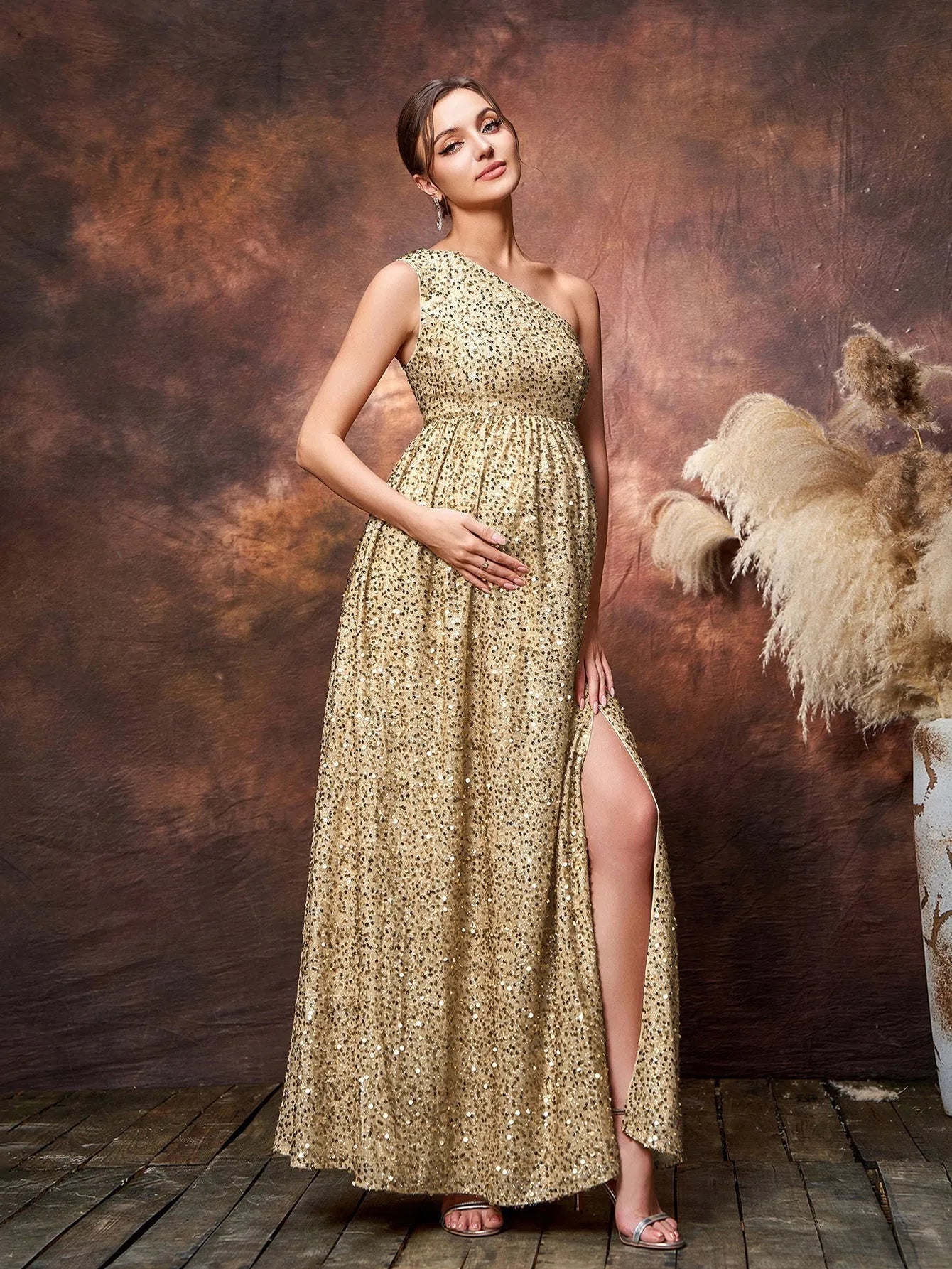 Maternity One Shoulder Split Thigh Sequin Party Dress Champagne / M Maternity One Shoulder Split Thigh Sequin Party Dress Champagne / M