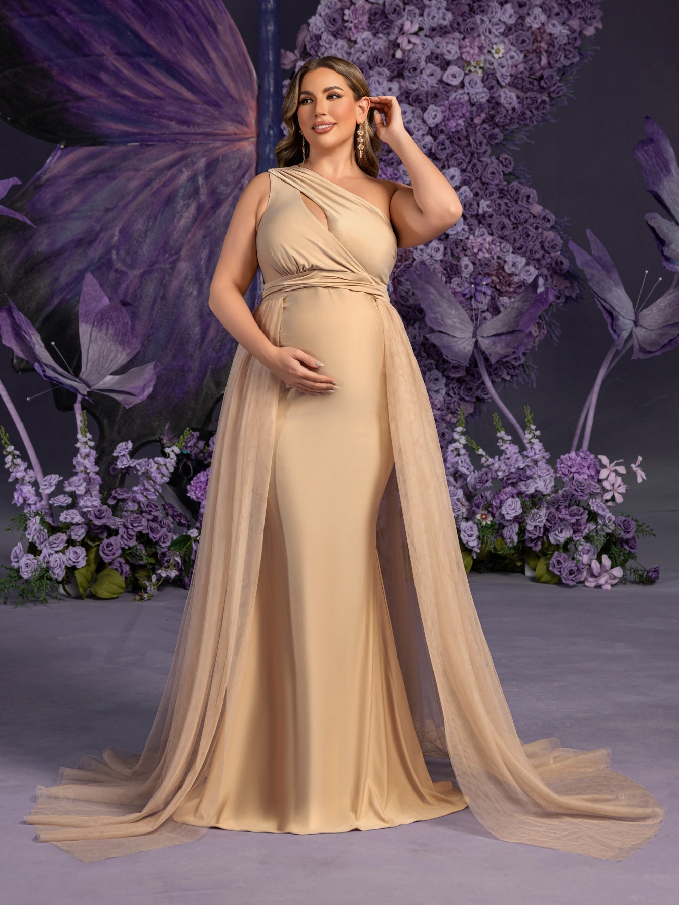 Plus Maternity One Shoulder Contrast Mesh Mermaid Evening Dress