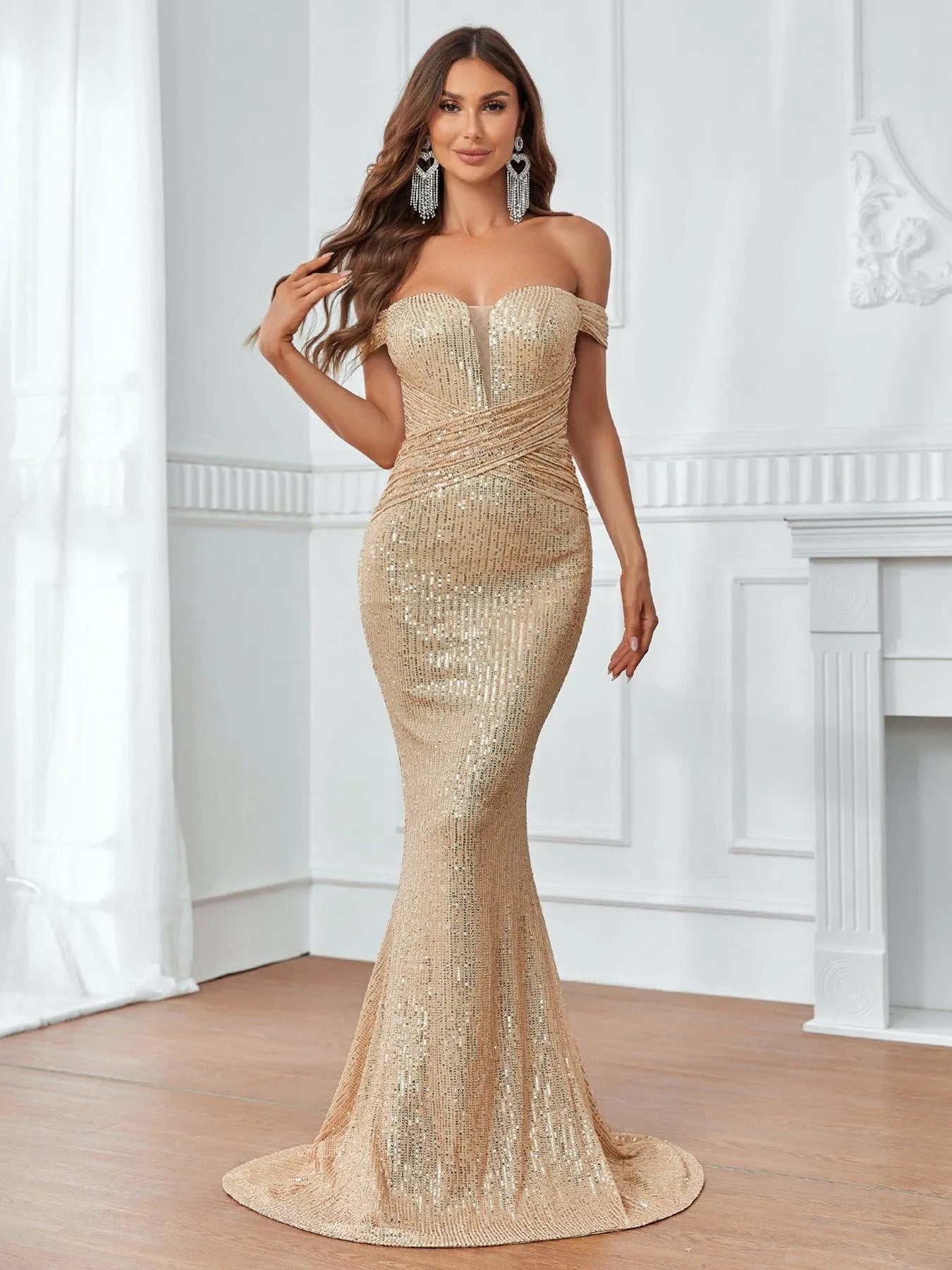 Contrast Mesh Off Shoulder Mermaid Hem Sequin Formal Dress Champagne / M Contrast Mesh Off Shoulder Mermaid Hem Sequin Formal Dress Champagne / M