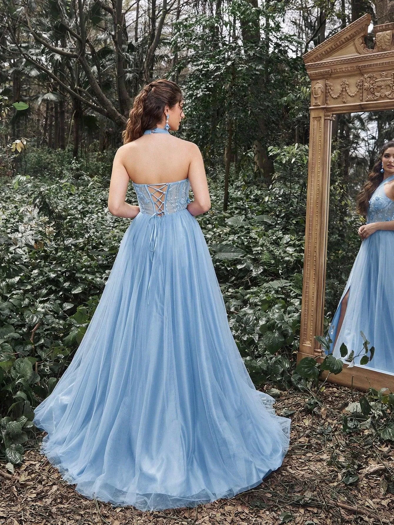Gorgeous Halter Neck Applique Detail Bodice Lace-Up Back Prom Dress Light Blue / XS Gorgeous Halter Neck Applique Detail Bodice Lace-Up Back Prom Dress Light Blue / XS
