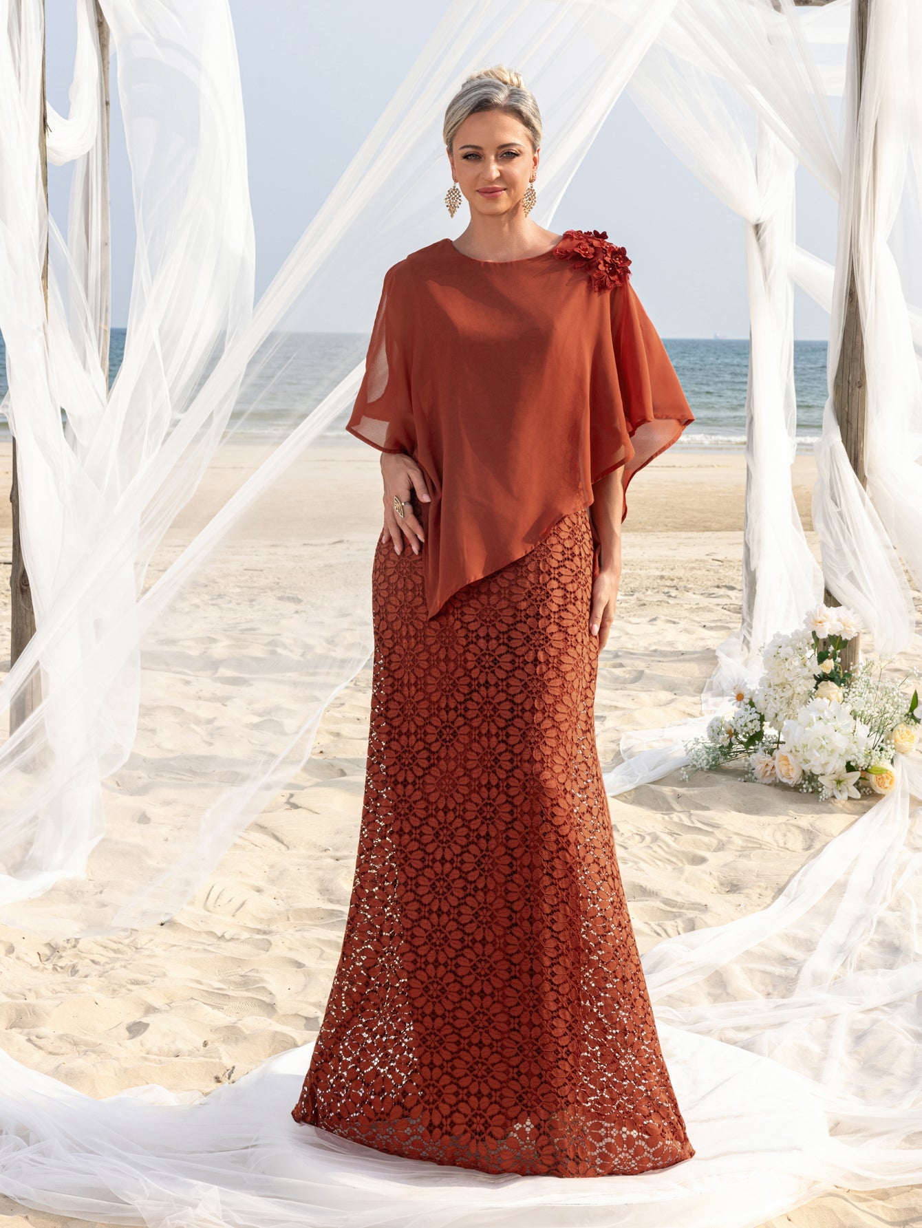 Womens' Elegant Cape-Style Evening Gown with 3D Floral Appliqus on O Rust / XL Womens' Elegant Cape-Style Evening Gown with 3D Floral Appliqus on O Rust / XL