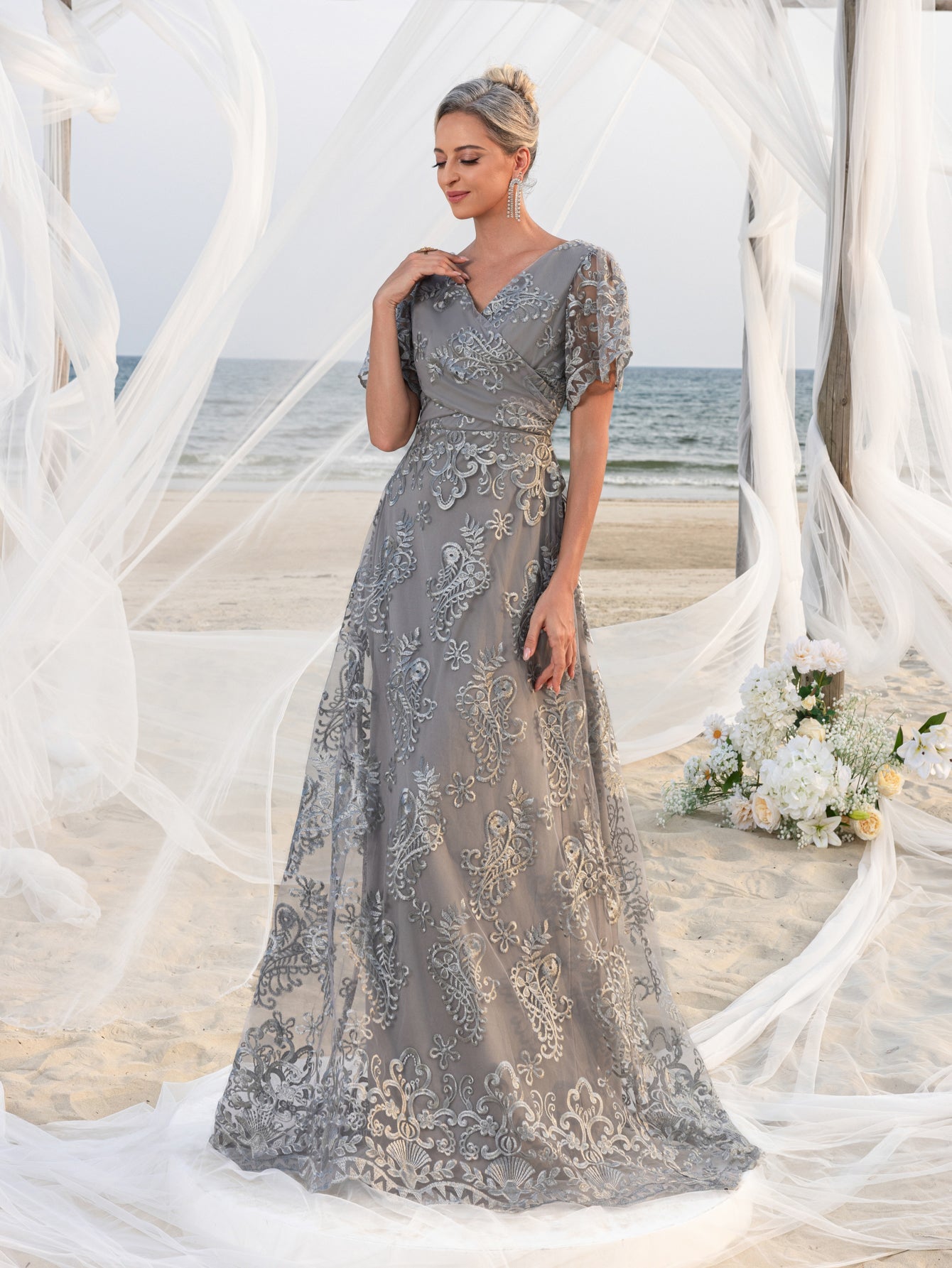 Womens' Elegant V-Neck Evening Gown with Delicate Lace & Silver Embroidery – Long Flowing Skirt for Seaside Weddings & Romantic Beach Events