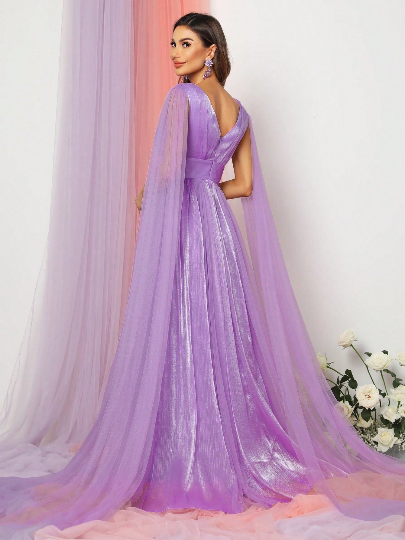 Plunging Neck A Line Bridesmaid dress With Cape