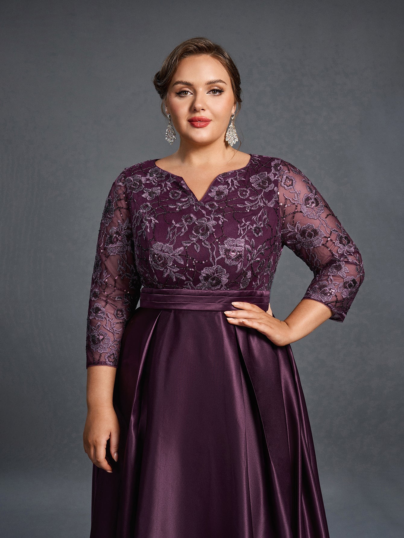 Plus Womens' Evening Gown: Allover Sequin-Embroidered Bodice & Satin A-Line Skirt – Elegant Formal Dress for Black-Tie Events