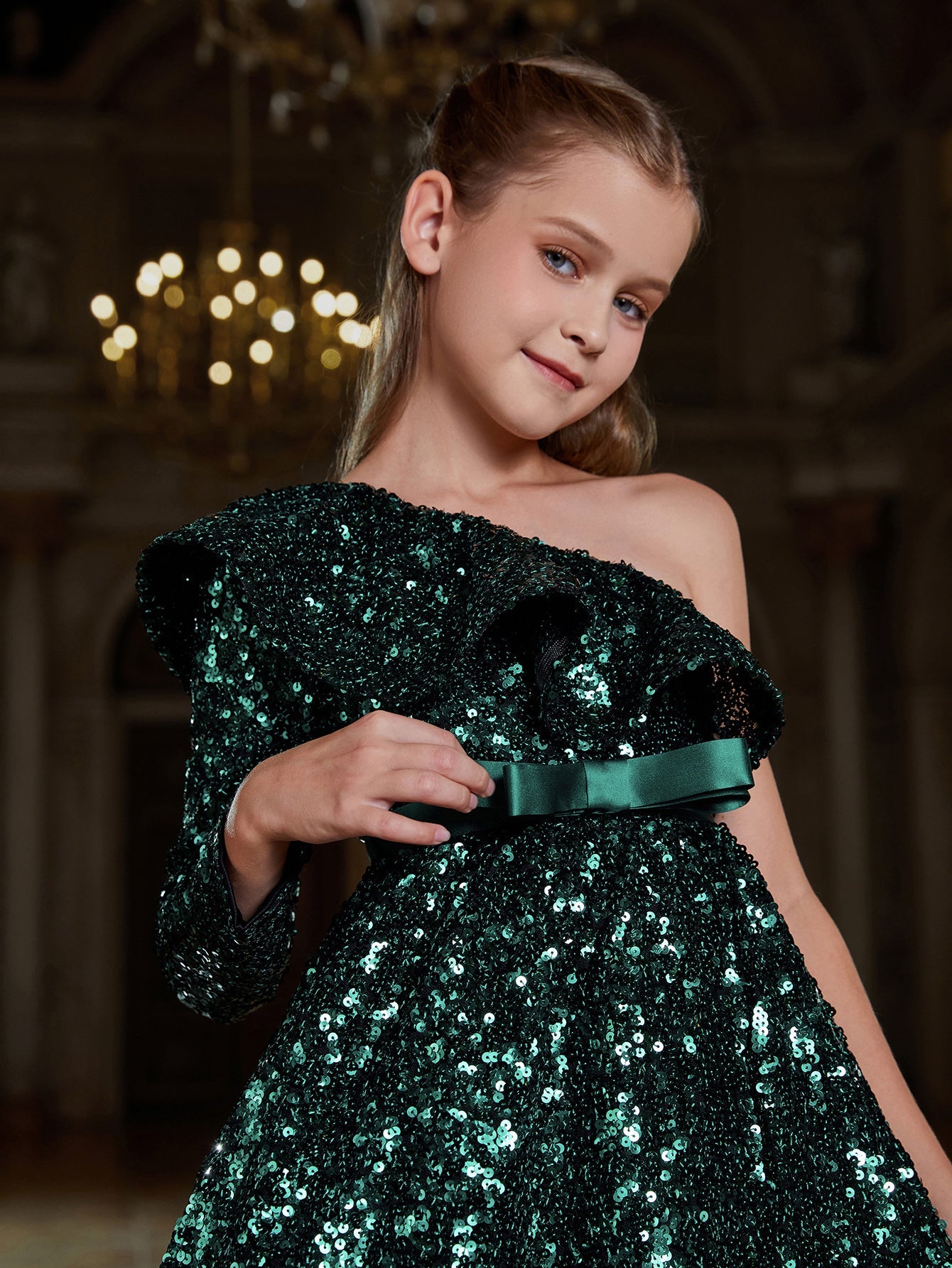 Girl's One Shoulder Ruffle Trim Sequin Party Dress