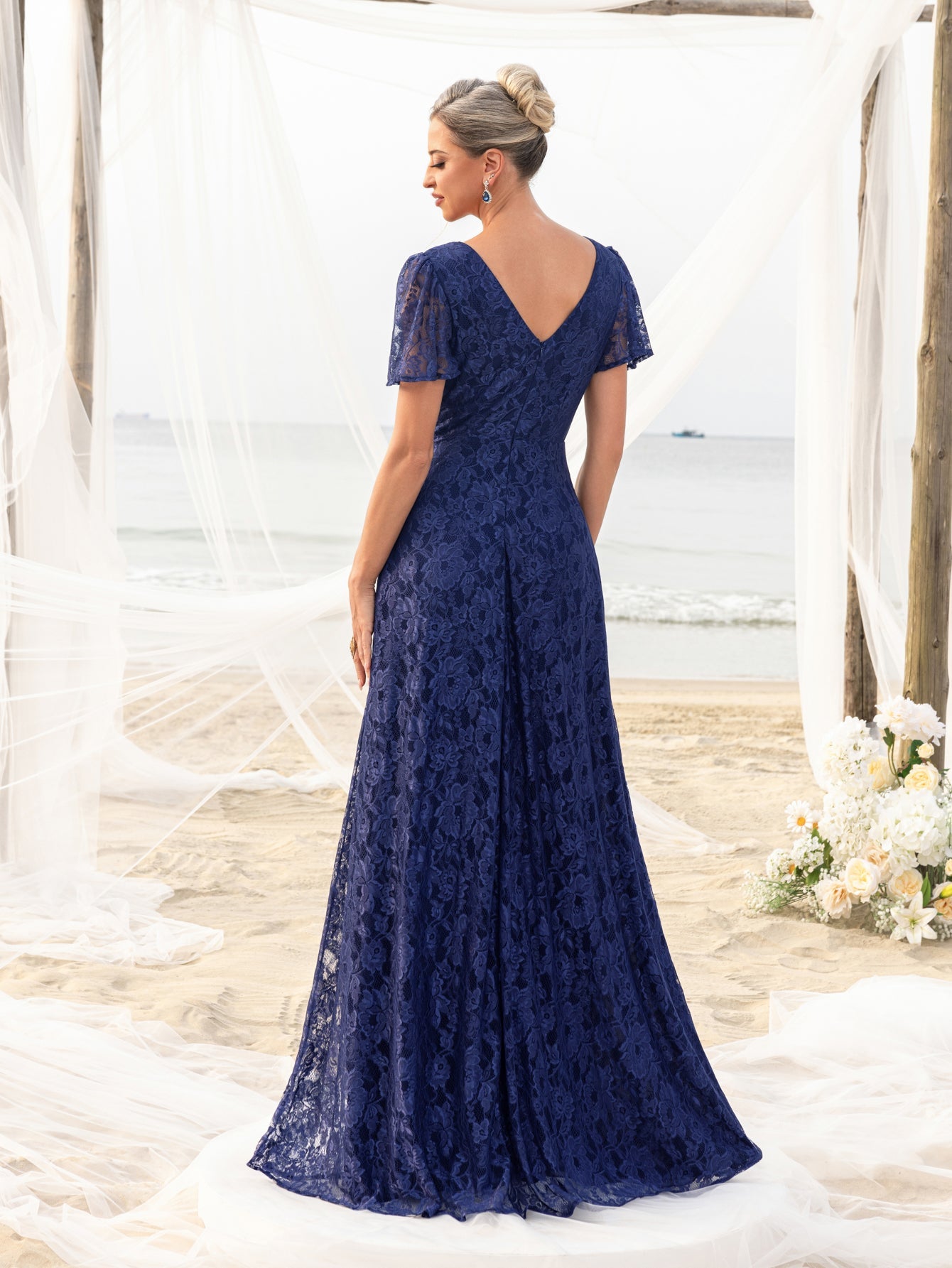 Womens' Elegant Lace Floor-Length Gown with V-Neck & Ruffle Sleeves – Elegant Floral Accents, Deep V-Back Design for Beach Weddings & Formal Evening Events