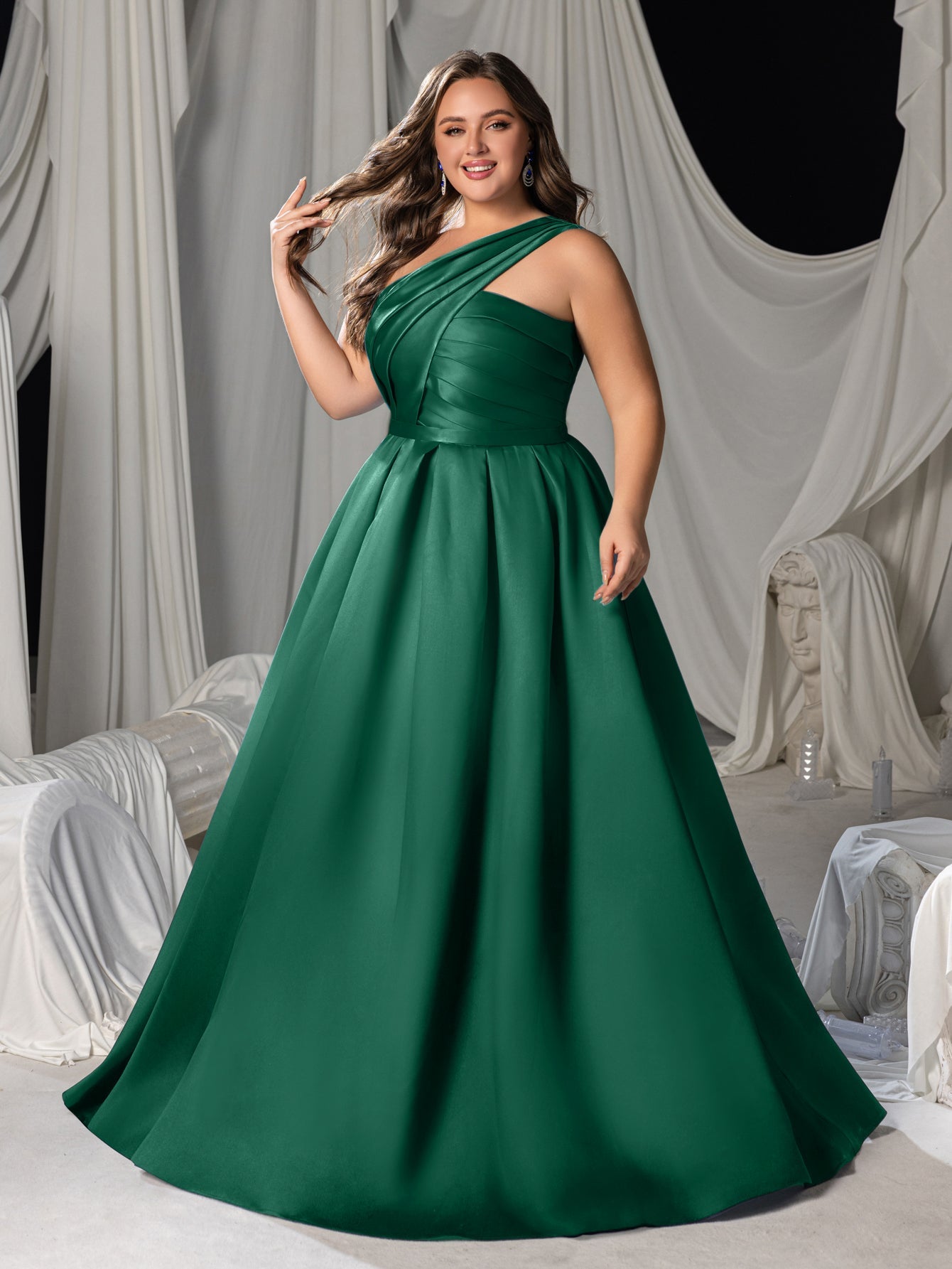 Plus One-Shoulder Satin Gown with Pleated Shoulders, Crisscross Back Straps & Floor-Length Skirt