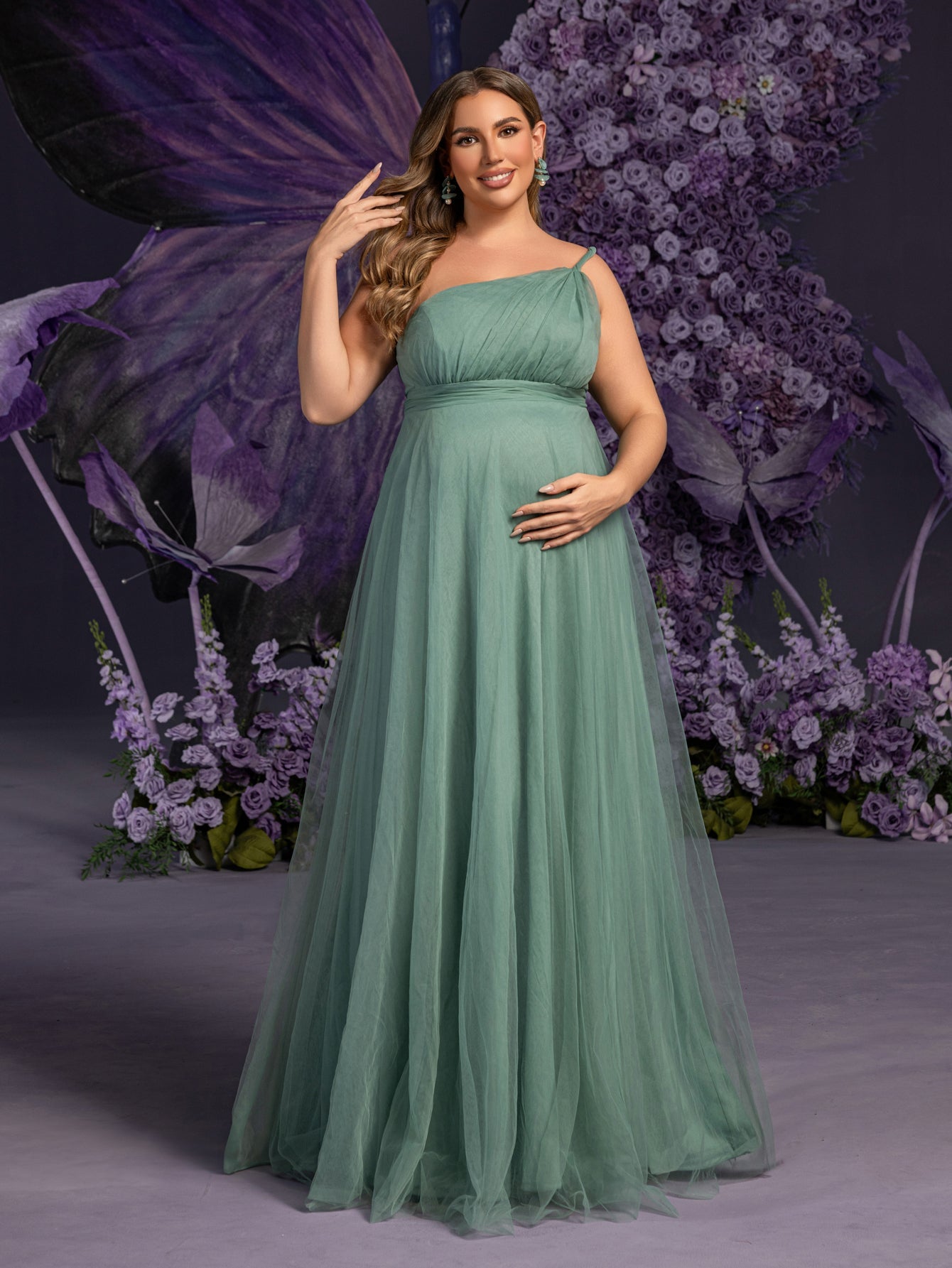 Plus Maternity  Solid One Shoulder Sleeveless Mesh Party Dress