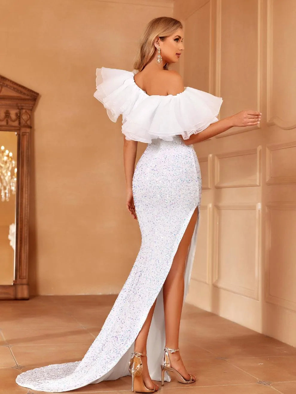 Exaggerated Ruffle Trim Asymmetrical Hem Sequin Dress White / XS Exaggerated Ruffle Trim Asymmetrical Hem Sequin Dress White / XS
