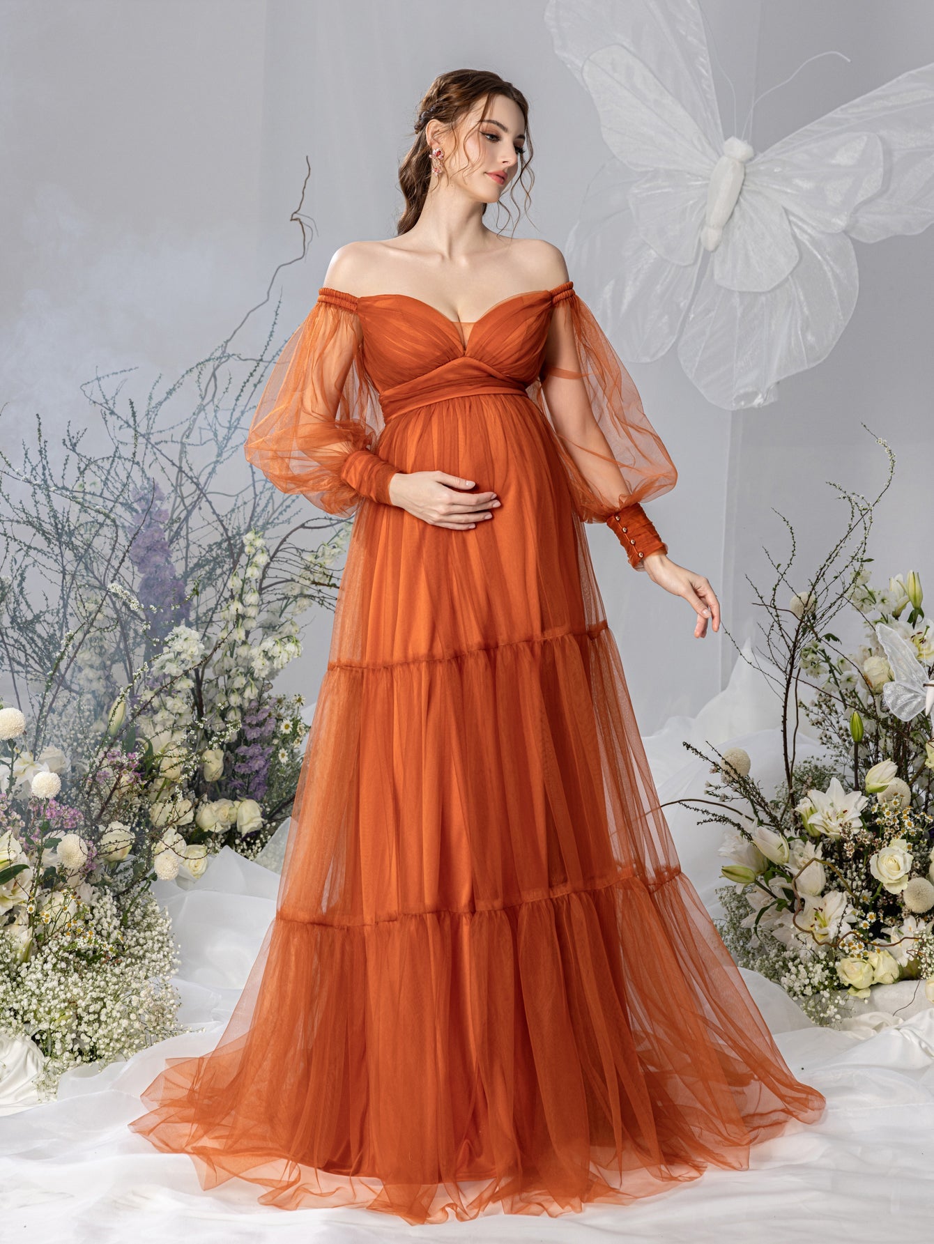 Maternity Off Shoulder Bishop Sleeves Layered Tulle Photography Dress Rust / XL Maternity Off Shoulder Bishop Sleeves Layered Tulle Photography Dress Rust / XL