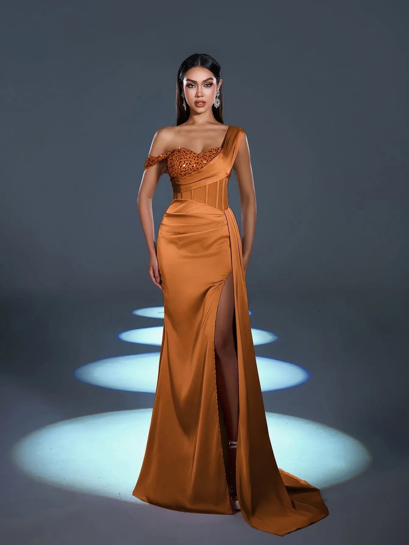 Elegant Asymmetrical Neck Split Mermaid Hem Satin Evening Dress – Faeriesty