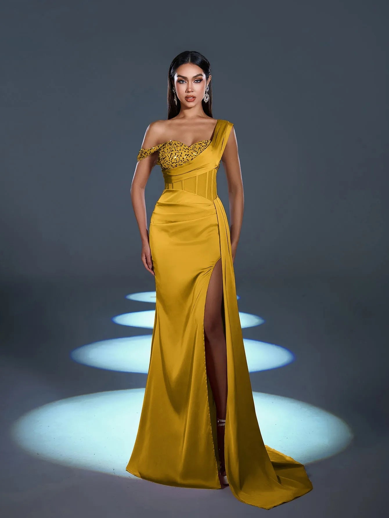 Elegant Asymmetrical Neck Split Mermaid Hem Satin Evening Dress Black / M Elegant Asymmetrical Neck Split Mermaid Hem Satin Evening Dress Black / M