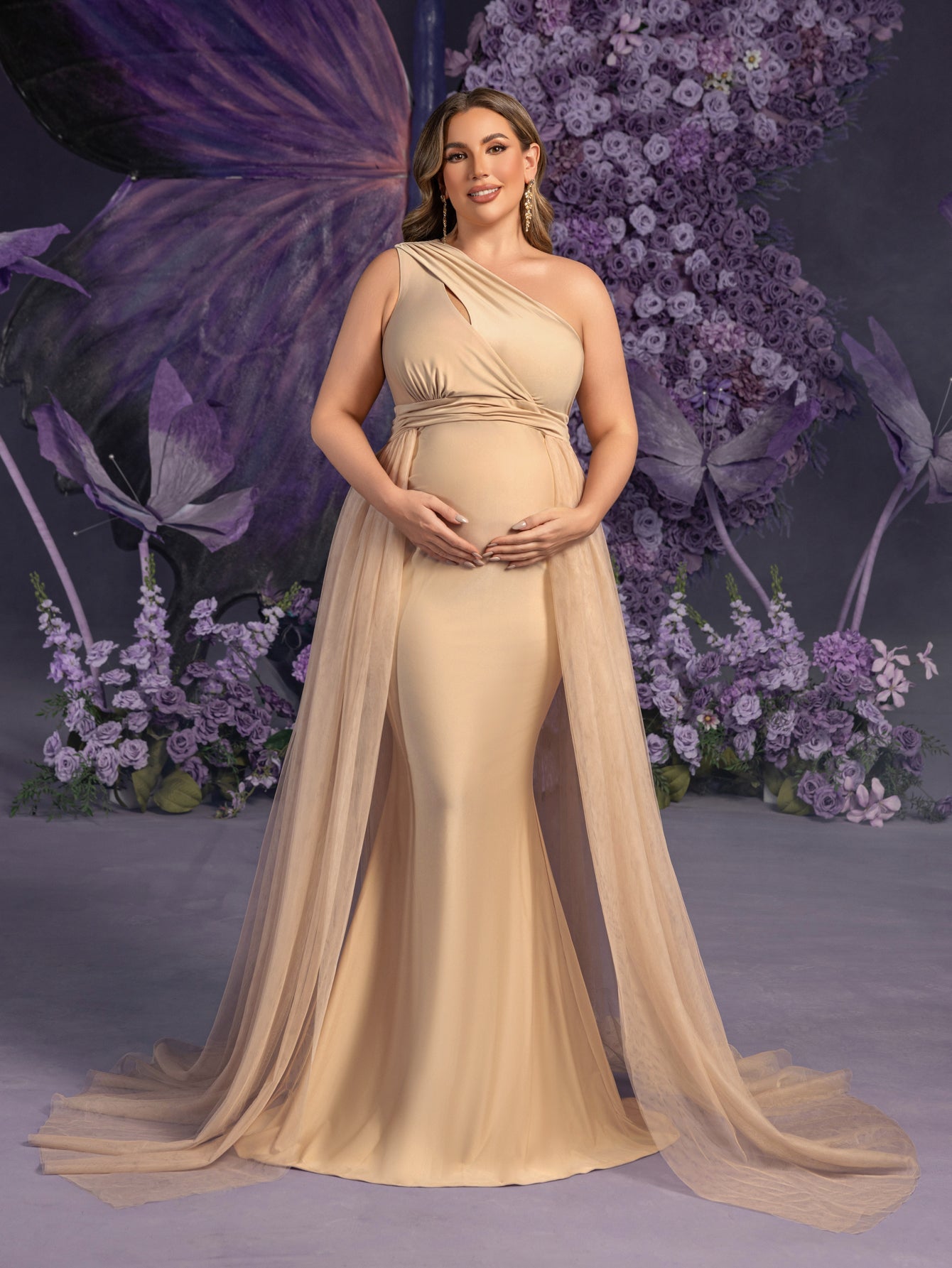 Plus Maternity One Shoulder Contrast Mesh Mermaid Evening Dress