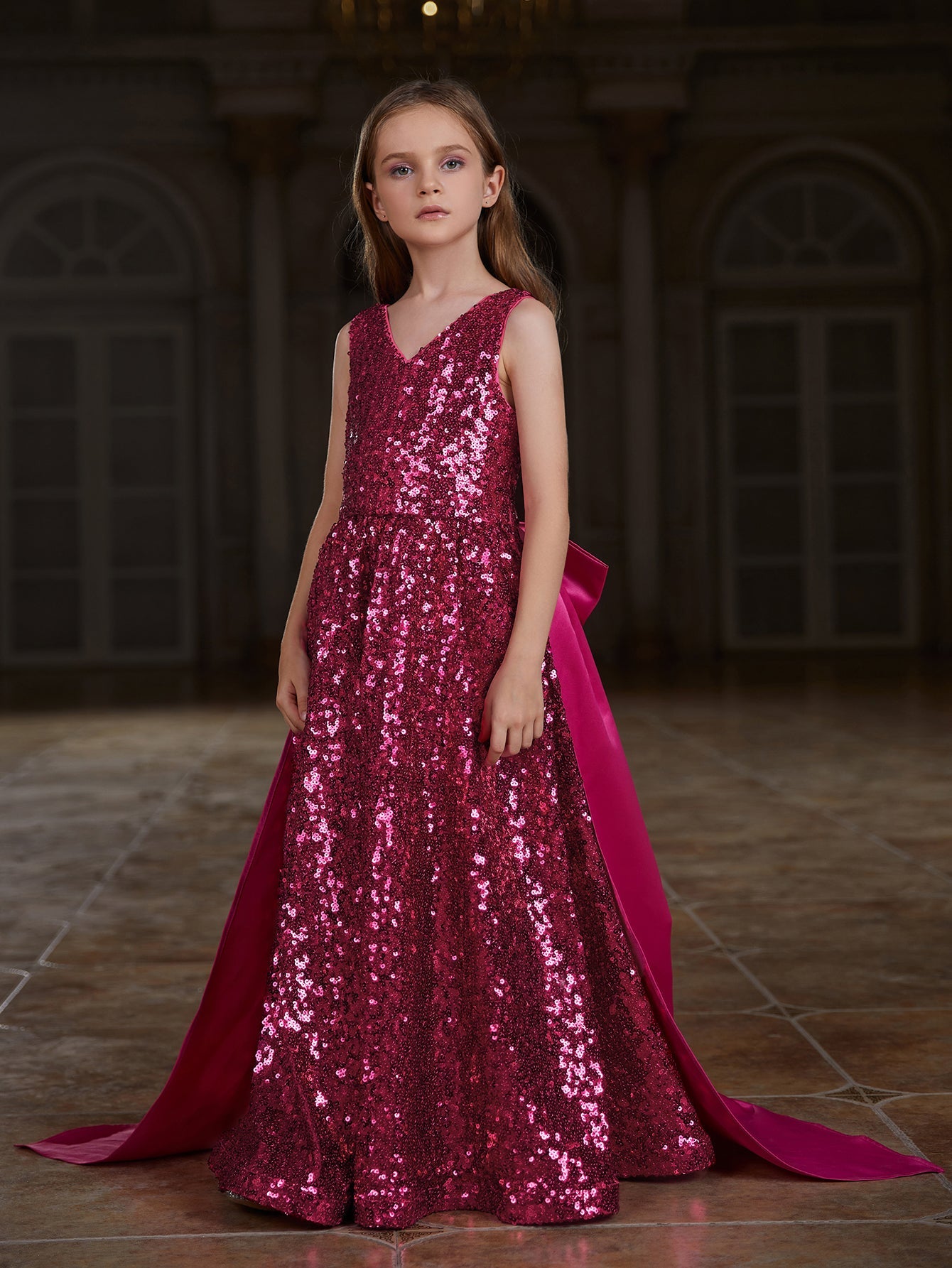 Girl's Bow Back Sleeveless Contrast Satin Sequin Party Dress