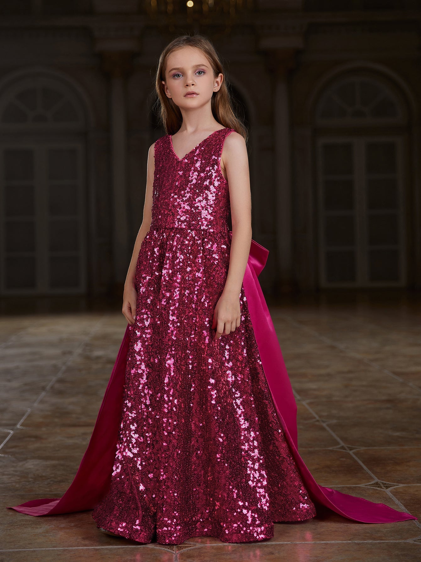 Girl's Bow Back Sleeveless Contrast Satin Sequin Party Dress Hot Pink / 11Y Girl's Bow Back Sleeveless Contrast Satin Sequin Party Dress Hot Pink / 11Y