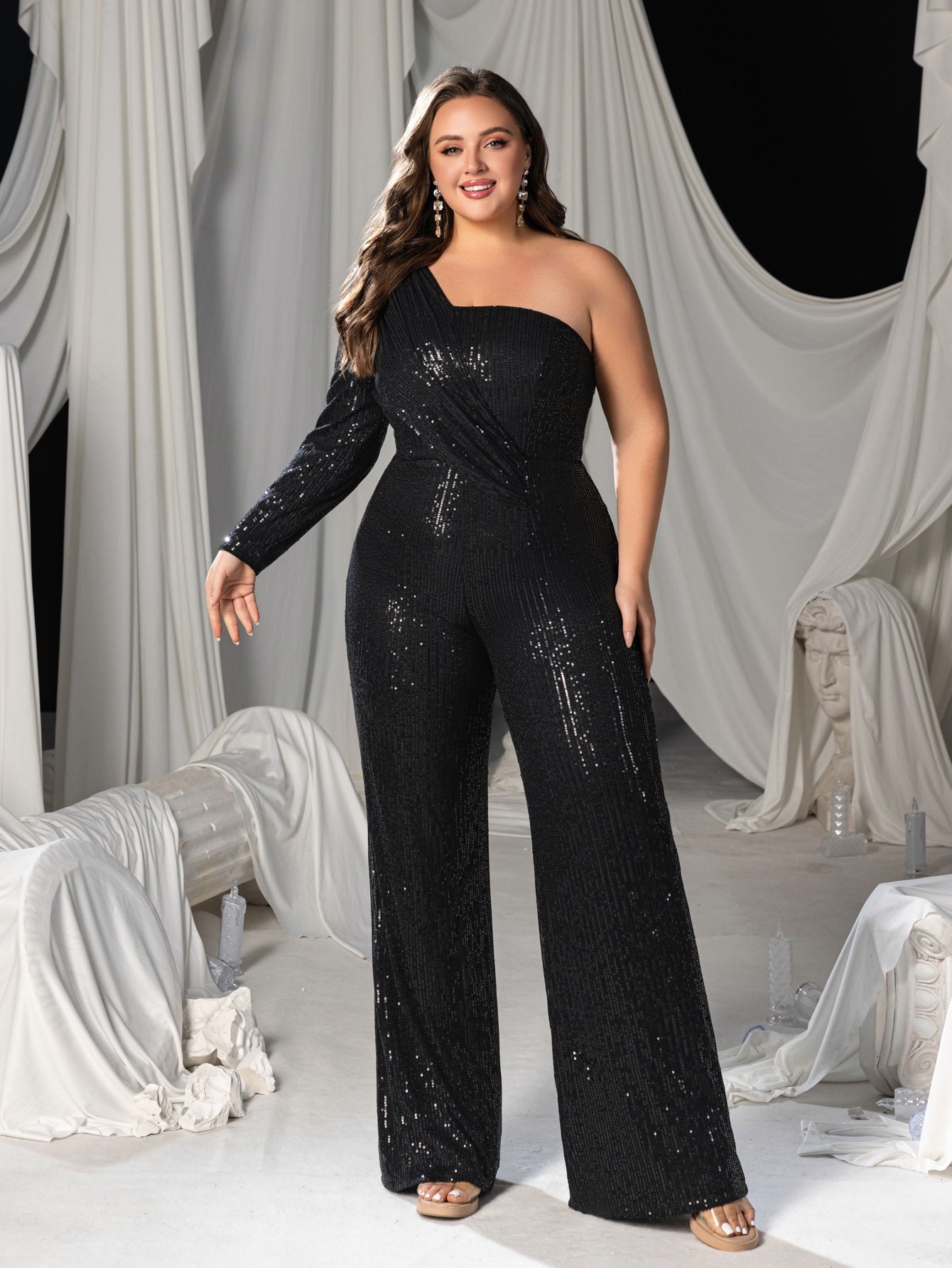 Plus One Shoulder Sequin Long Sleeve Wide Leg Jumpsuit