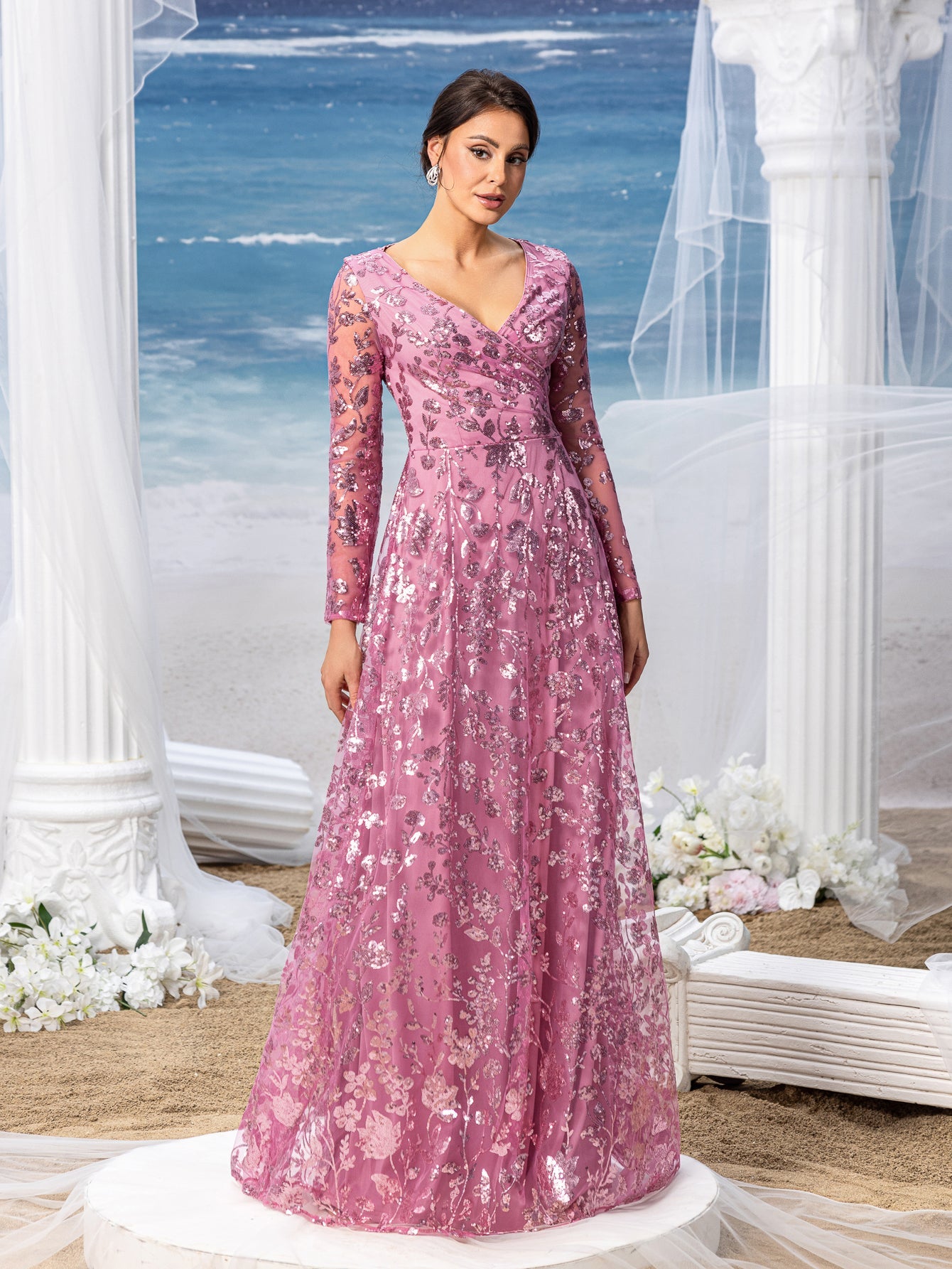 Womens' Elegant V-Neck Evening Gown with Delicate Lace & Silver Embroidery – Long Flowing Skirt for Seaside Weddings & Romantic Beach Events