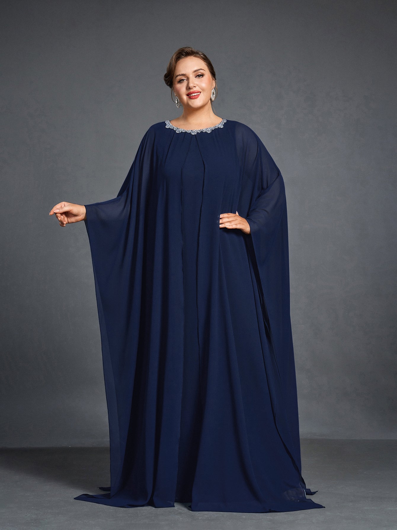 Plus Womens' Embellished Round -Neck Formal Dress with Sheer Chiffon Cape Sleeves
