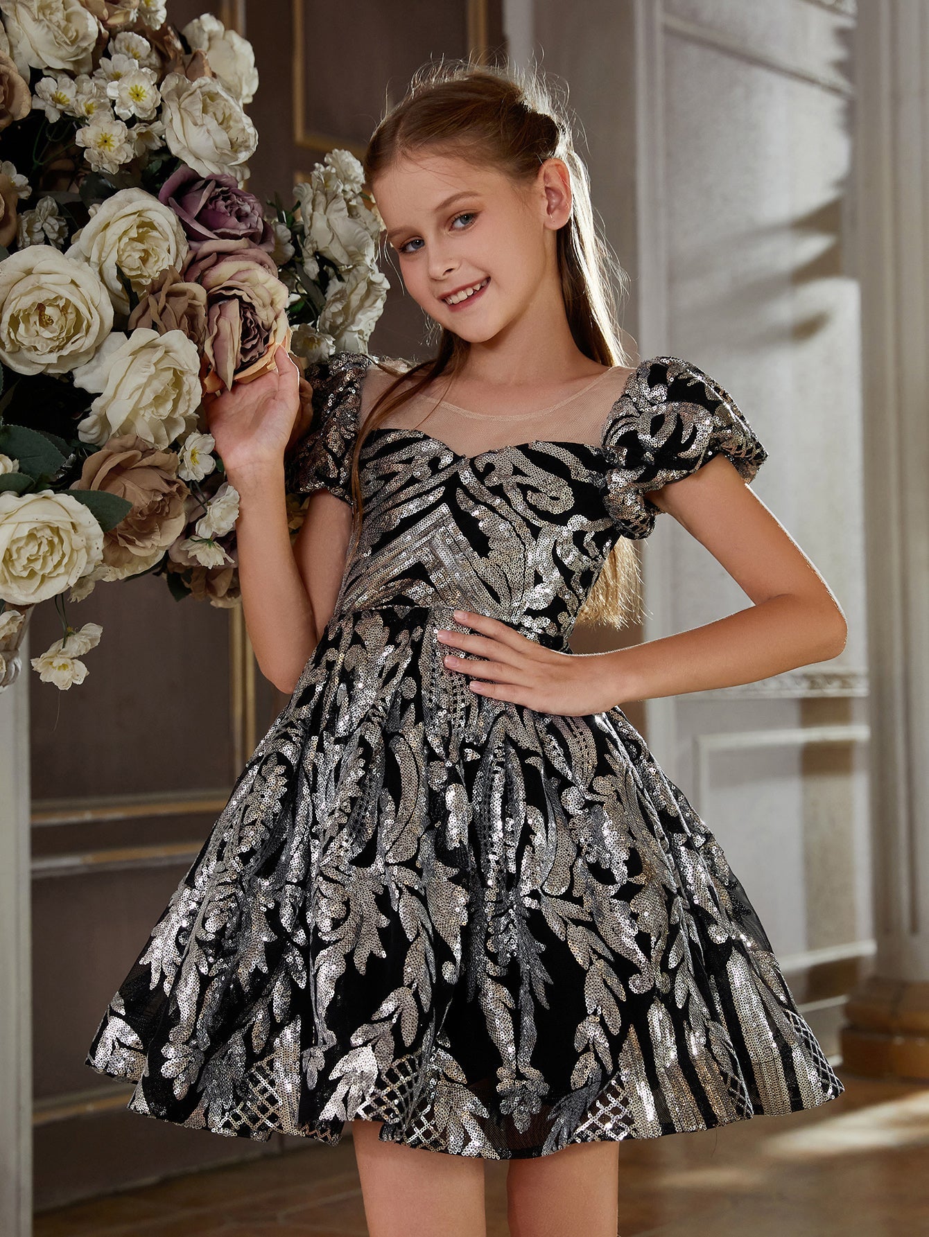 Girl's Puff Sleeve Contrast Mesh Sequin Party Dress
